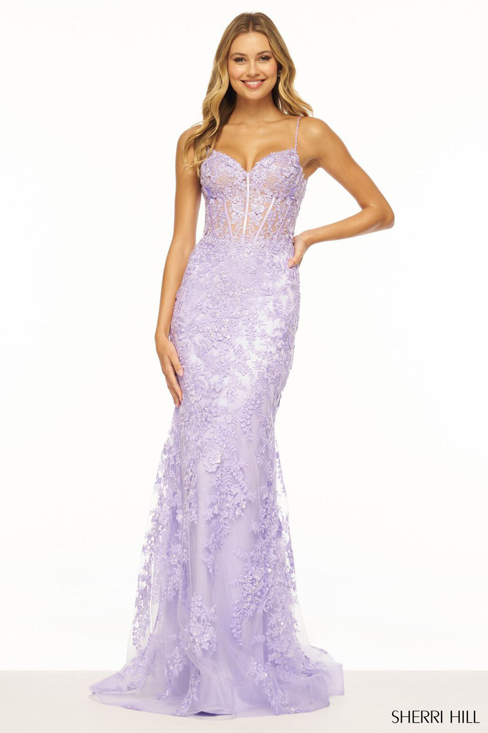 Sherri Hill 56252 prom dress images.  Sherri Hill 56252 is available in these colors: Lilac, Blush, Black, Ivory, Light Blue, Light Champagne, Magenta, Periwinkle, Red.