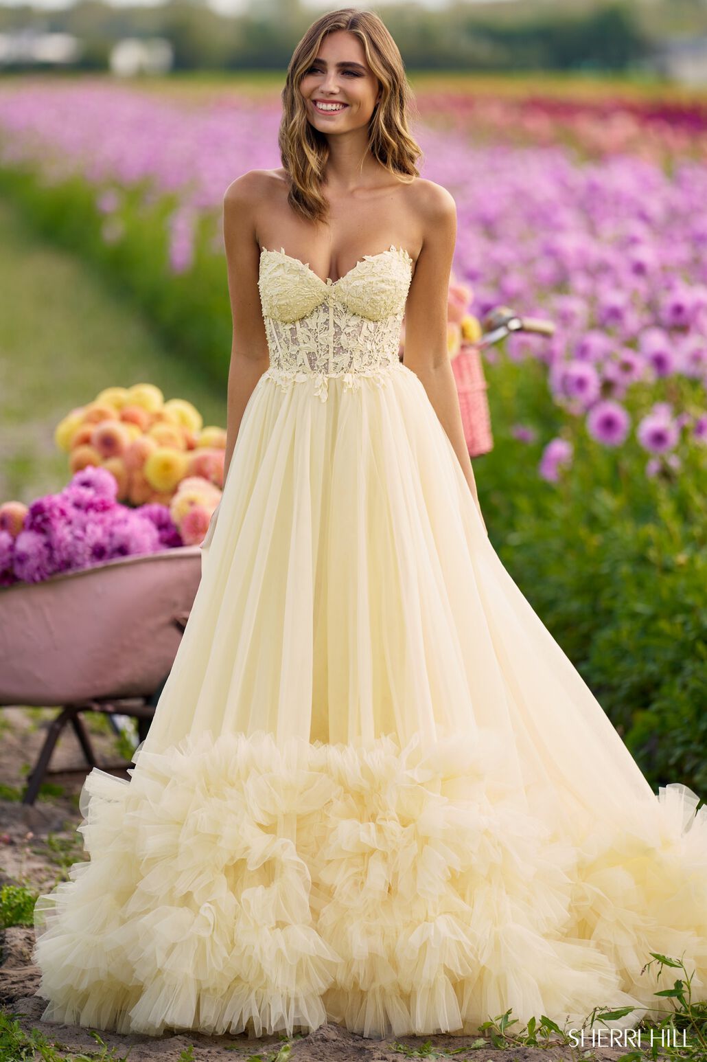 Sherri Hill 56270 prom dress images.  Sherri Hill 56270 is available in these colors: Yellow, Ivory, Red, Black, Light Blue, Bright Pink, Lilac.