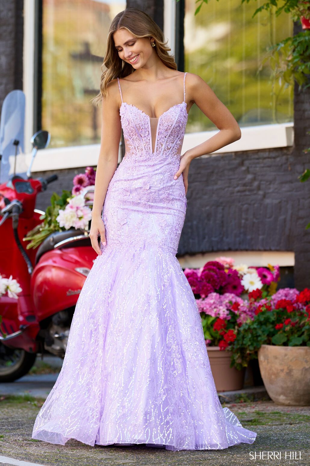 Sherri Hill 56313 prom dress images.  Sherri Hill 56313 is available in these colors: Lilac, Red, Black, Periwinkle, Light Blue, Blush, Ivory.