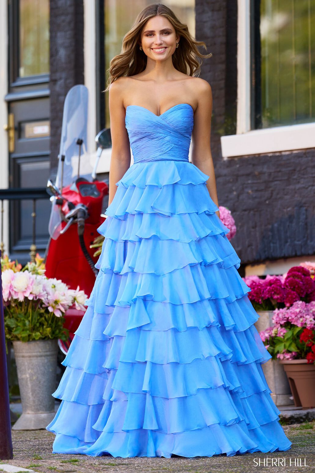 Sherri Hill 56346 prom dress images.  Sherri Hill 56346 is available in these colors: Peacock, Red, Black, Ivory, Light Blue, Bright Fuchsia, Yellow.