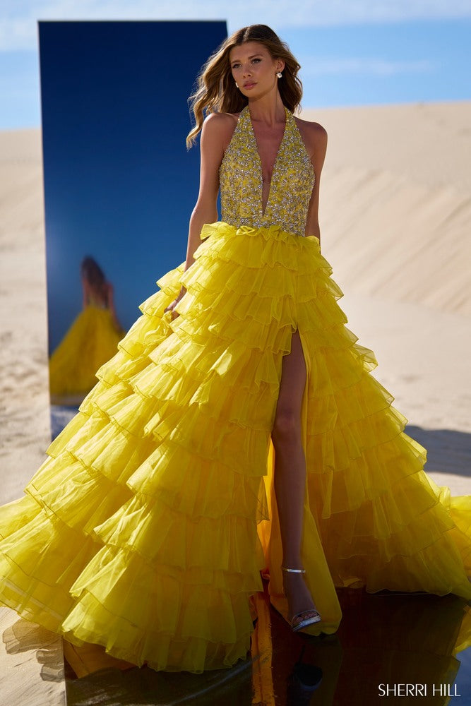 Sherri Hill 56410 prom dress images.  Sherri Hill 56410 is available in these colors: Yellow.