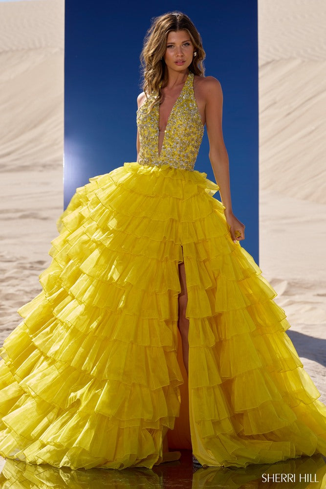 Sherri Hill 56410 prom dress images.  Sherri Hill 56410 is available in these colors: Yellow.