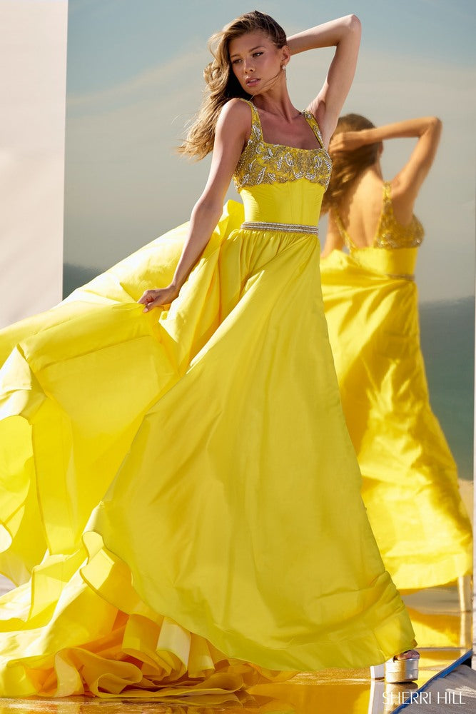 Sherri Hill 56434 prom dress images.  Sherri Hill 56434 is available in these colors: Fuchsia, Lilac, Bright Fuchsia, Yellow, Peacock, Chartreuse.