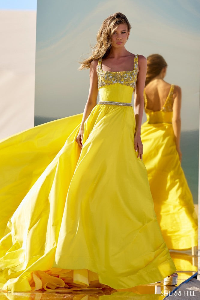 Sherri Hill 56434 prom dress images.  Sherri Hill 56434 is available in these colors: Fuchsia, Lilac, Bright Fuchsia, Yellow, Peacock, Chartreuse.