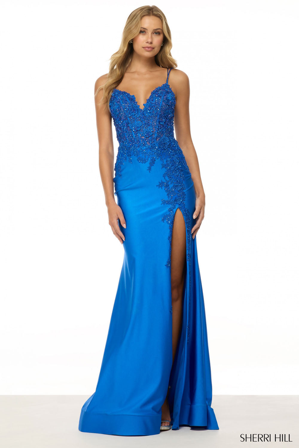 Sherri Hill 56448 prom dress images.  Sherri Hill 56448 is available in these colors: Light Blue, Royal, Red, Black, Navy, Lilac.