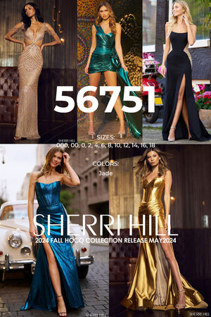 Sherri Hill 56751 prom dress images.  Sherri Hill 56751 is available in these colors: Jade.