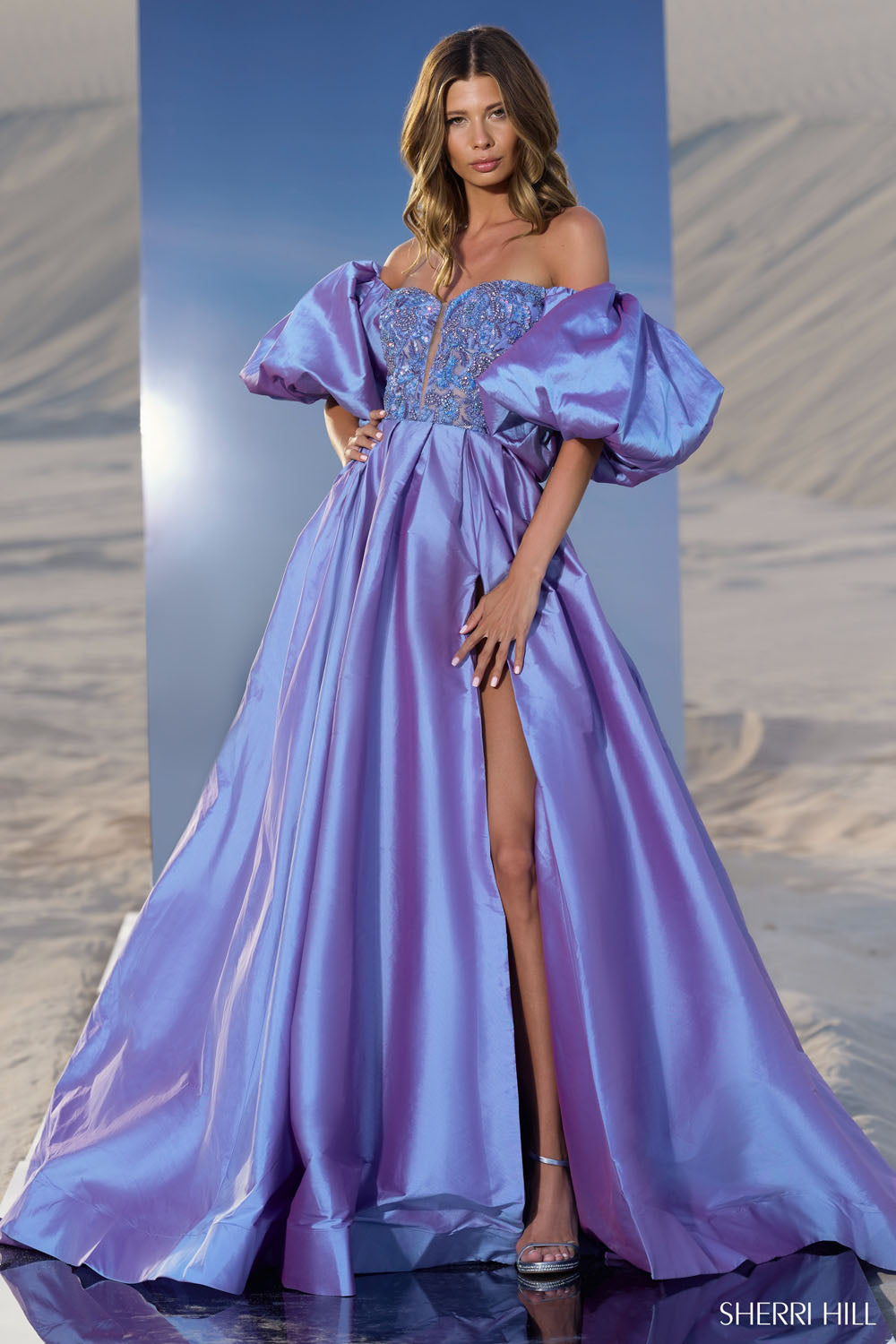 Sherri Hill 56843 prom dress images.  Sherri Hill 56843 is available in these colors: Periwinkle, Yellow, Emerald, Bright Fuchsia, Light Blue, Peacock, Red, Chartreuse, Blush.