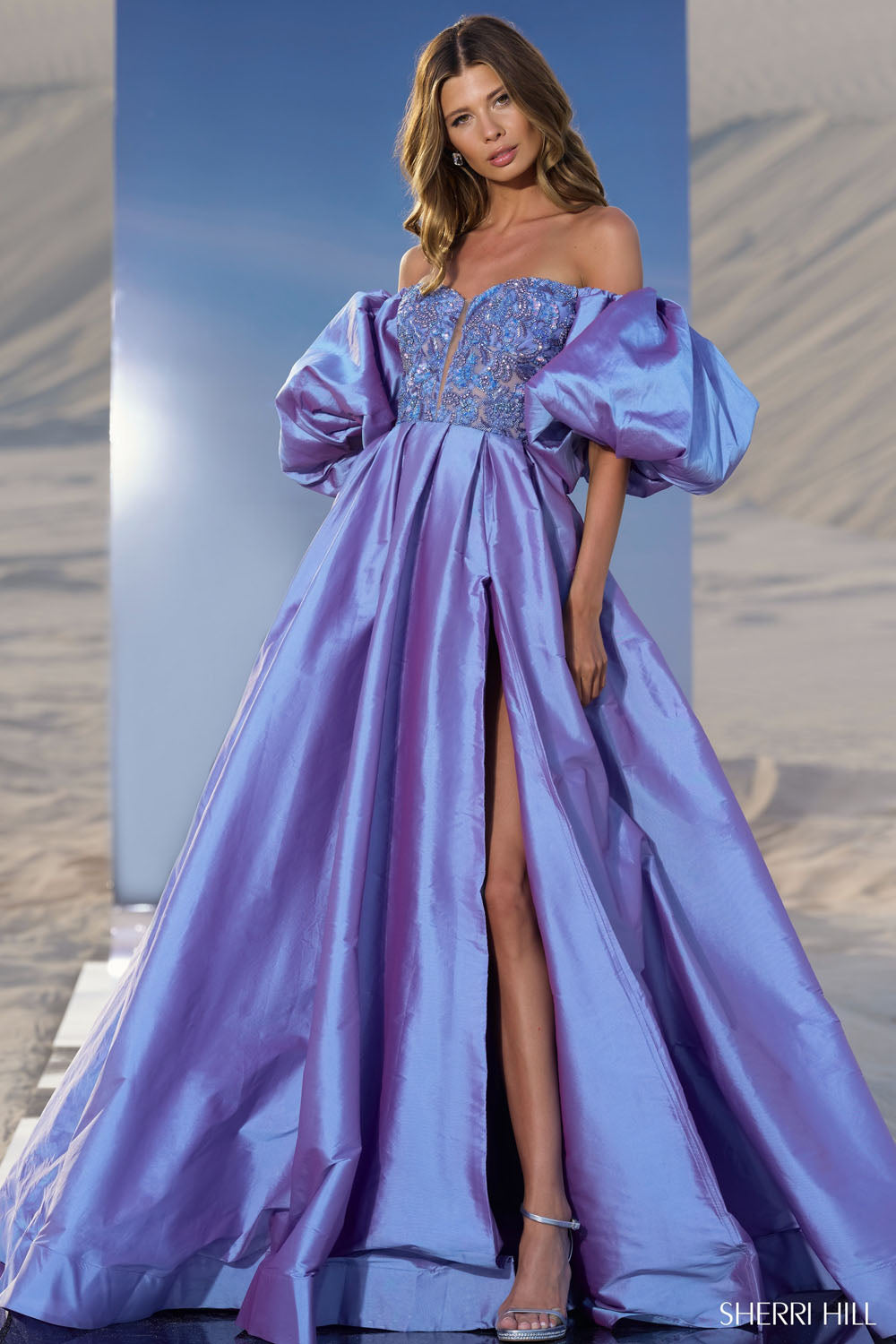 Sherri Hill 56843 prom dress images.  Sherri Hill 56843 is available in these colors: Periwinkle, Yellow, Emerald, Bright Fuchsia, Light Blue, Peacock, Red, Chartreuse, Blush.