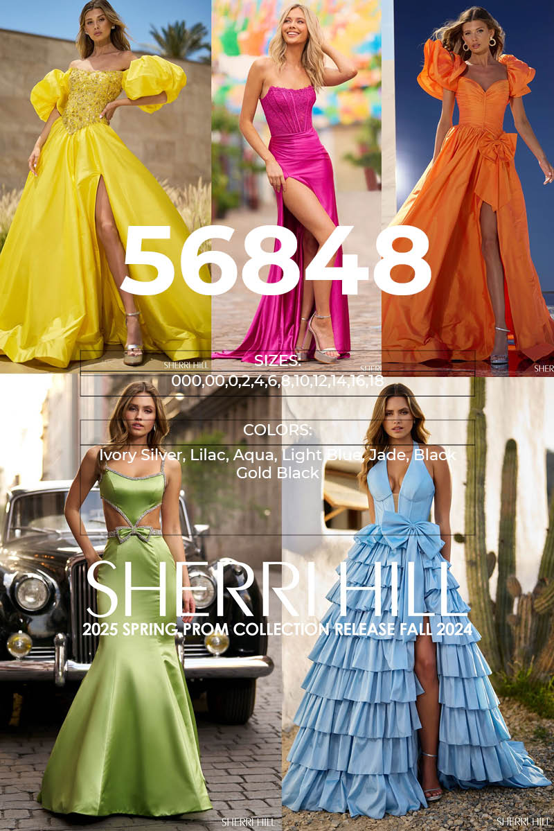 Sherri Hill 56848 prom dress images.  Sherri Hill 56848 is available in these colors: Ivory Silver, Lilac, Aqua, Light Blue, Jade, Black Gold Black.