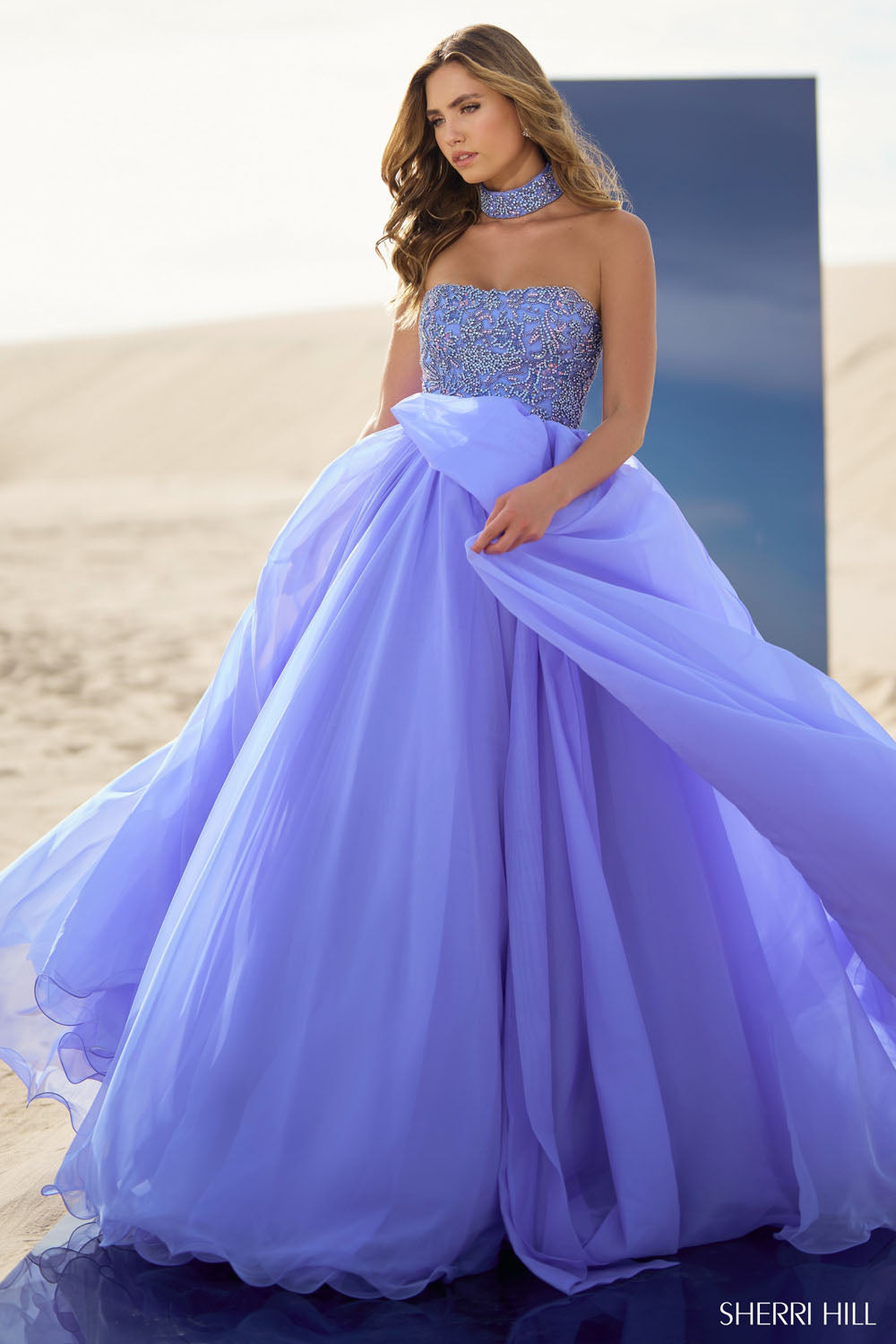 Sherri Hill 56852 prom dress images.  Sherri Hill 56852 is available in these colors: Candy Pink, Light Orange, Light Yellow, Chartreuse, Red, Periwinkle, Peacock, Bright Fuchsia, Emerald.