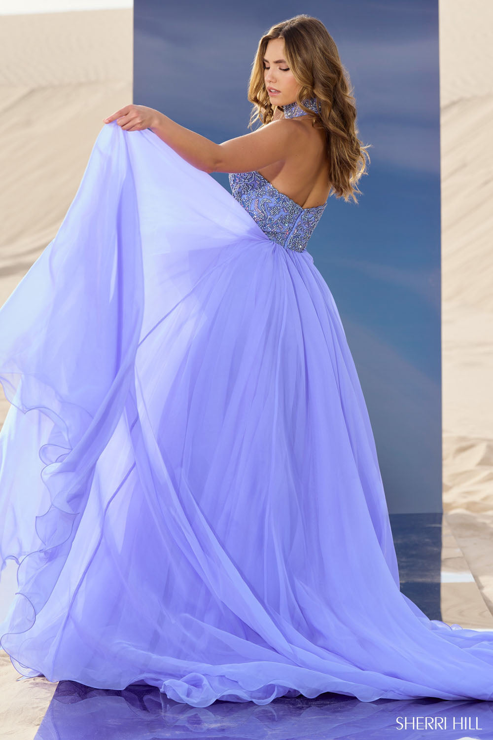 Sherri Hill 56852 prom dress images.  Sherri Hill 56852 is available in these colors: Candy Pink, Light Orange, Light Yellow, Chartreuse, Red, Periwinkle, Peacock, Bright Fuchsia, Emerald.