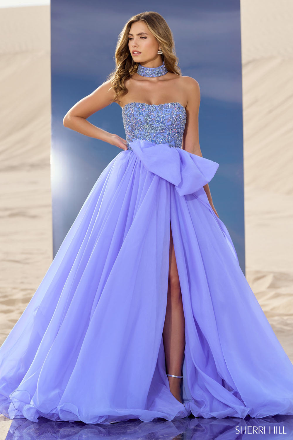 Sherri Hill 56852 prom dress images.  Sherri Hill 56852 is available in these colors: Candy Pink, Light Orange, Light Yellow, Chartreuse, Red, Periwinkle, Peacock, Bright Fuchsia, Emerald.