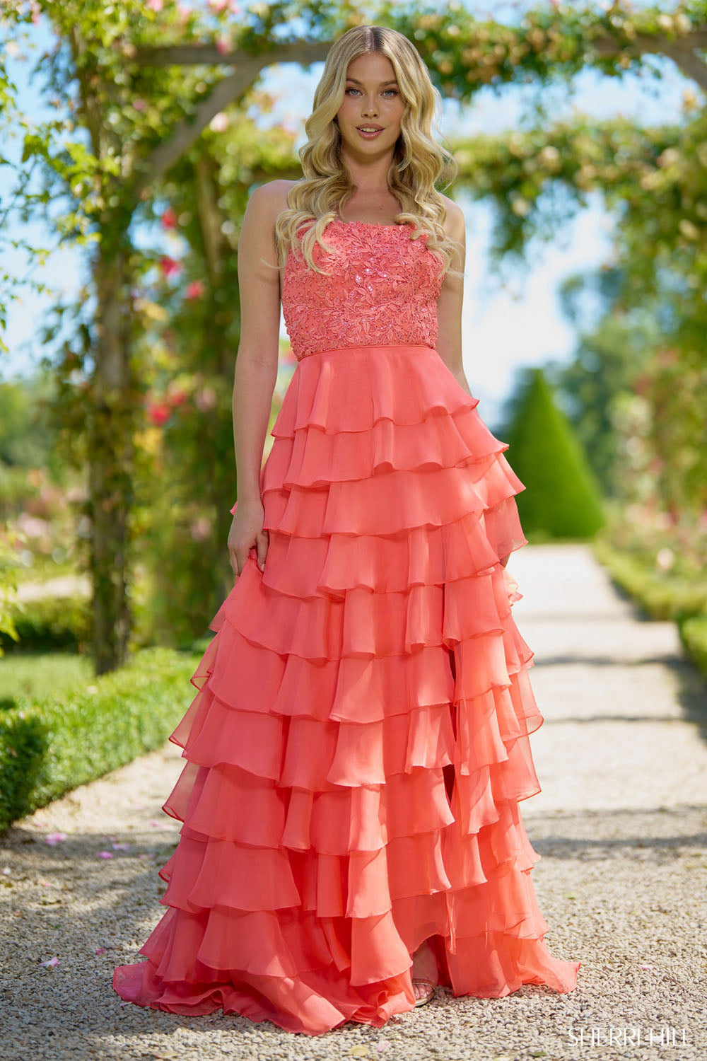 Sherri Hill 56866 prom dress images.  Sherri Hill 56866 is available in these colors: Navy, Coral, Ivory Nude, Bright Pink, Light Blue, Yellow, Red, Black, Lilac, Periwinkle, Royal, Peacock, Magenta, Emerald, Blush.