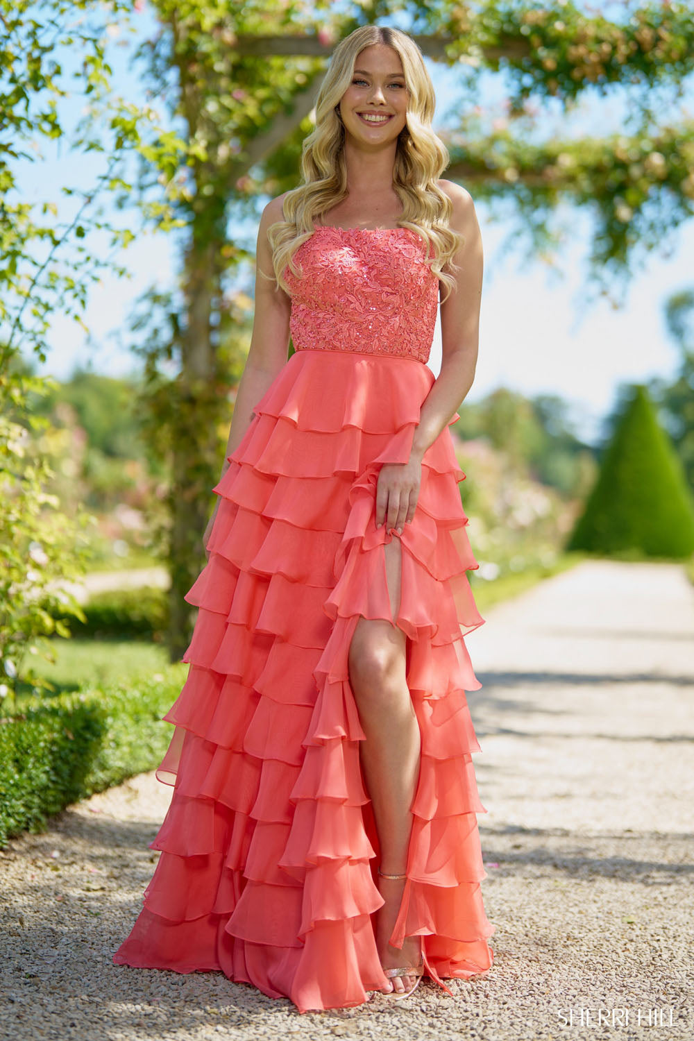 Sherri Hill 56866 prom dress images.  Sherri Hill 56866 is available in these colors: Navy, Coral, Ivory Nude, Bright Pink, Light Blue, Yellow, Red, Black, Lilac, Periwinkle, Royal, Peacock, Magenta, Emerald, Blush.