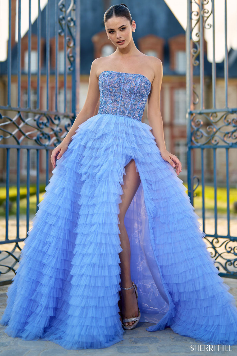 Sherri Hill 56883 prom dress images.  Sherri Hill 56883 is available in these colors: Periwinkle, Yellow Nude, Red Nude, Light Blue Nude.