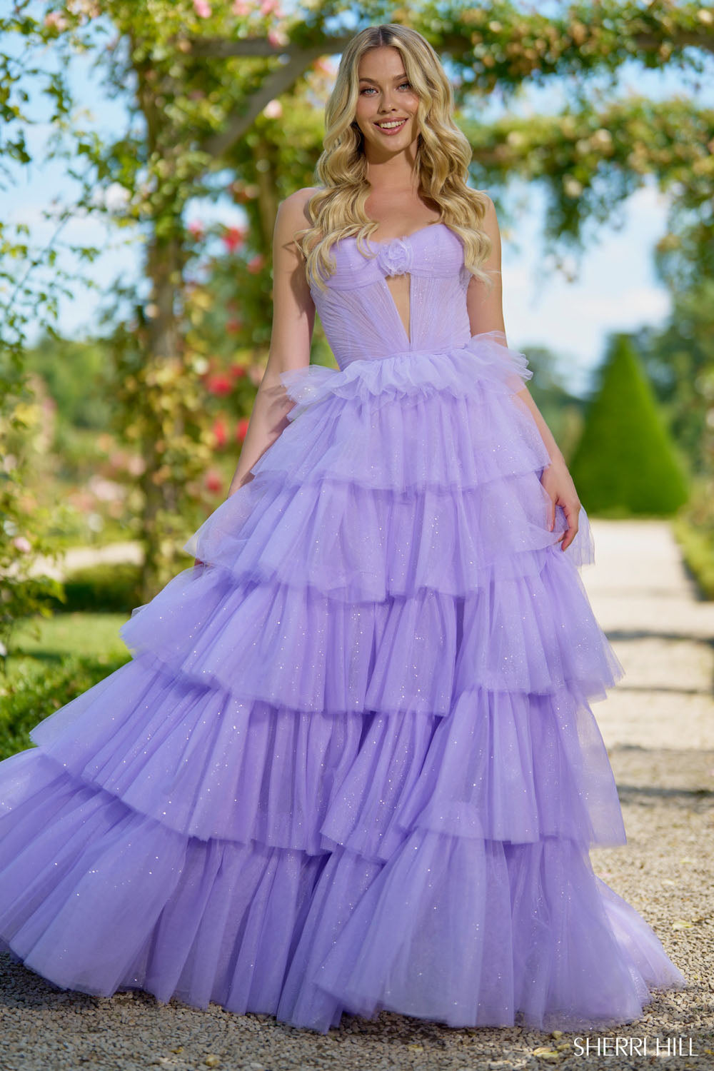 Sherri Hill 56884 prom dress images.  Sherri Hill 56884 is available in these colors: Lilac, Bright Pink.