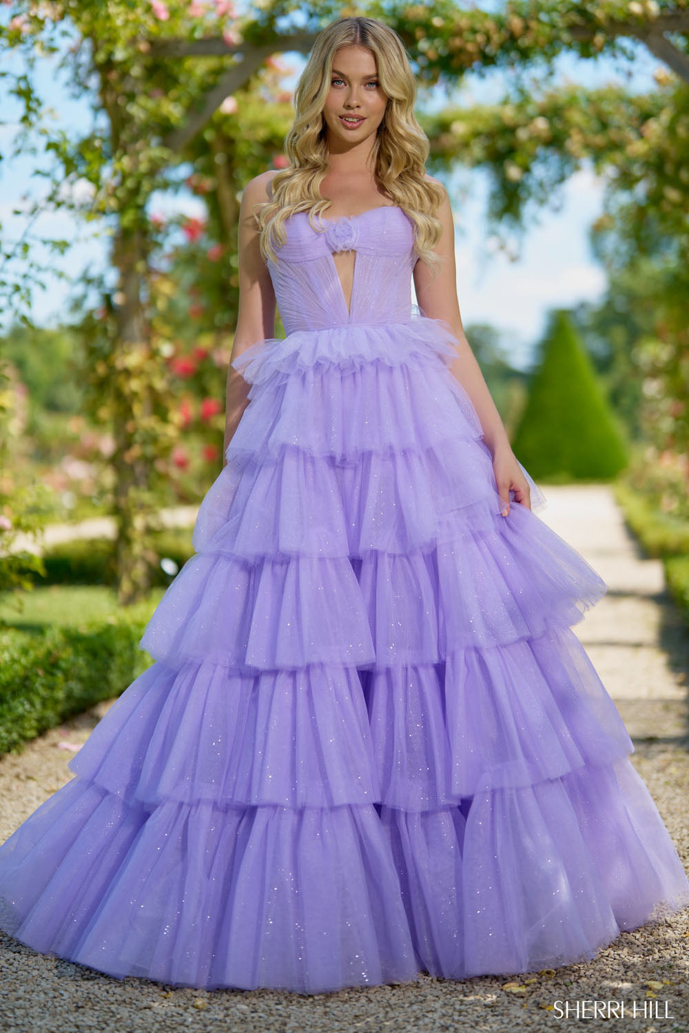 Sherri Hill 56884 prom dress images.  Sherri Hill 56884 is available in these colors: Lilac, Bright Pink.