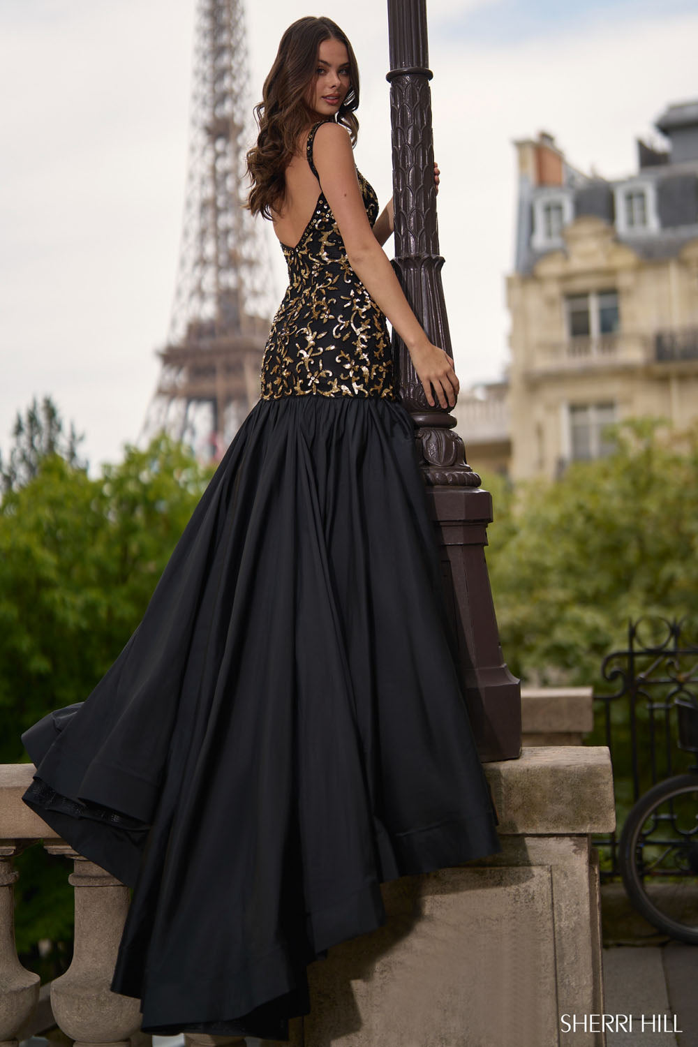 Sherri Hill 56885 prom dress images.  Sherri Hill 56885 is available in these colors: Nude Ivory, Chartreuse, Black Gold.