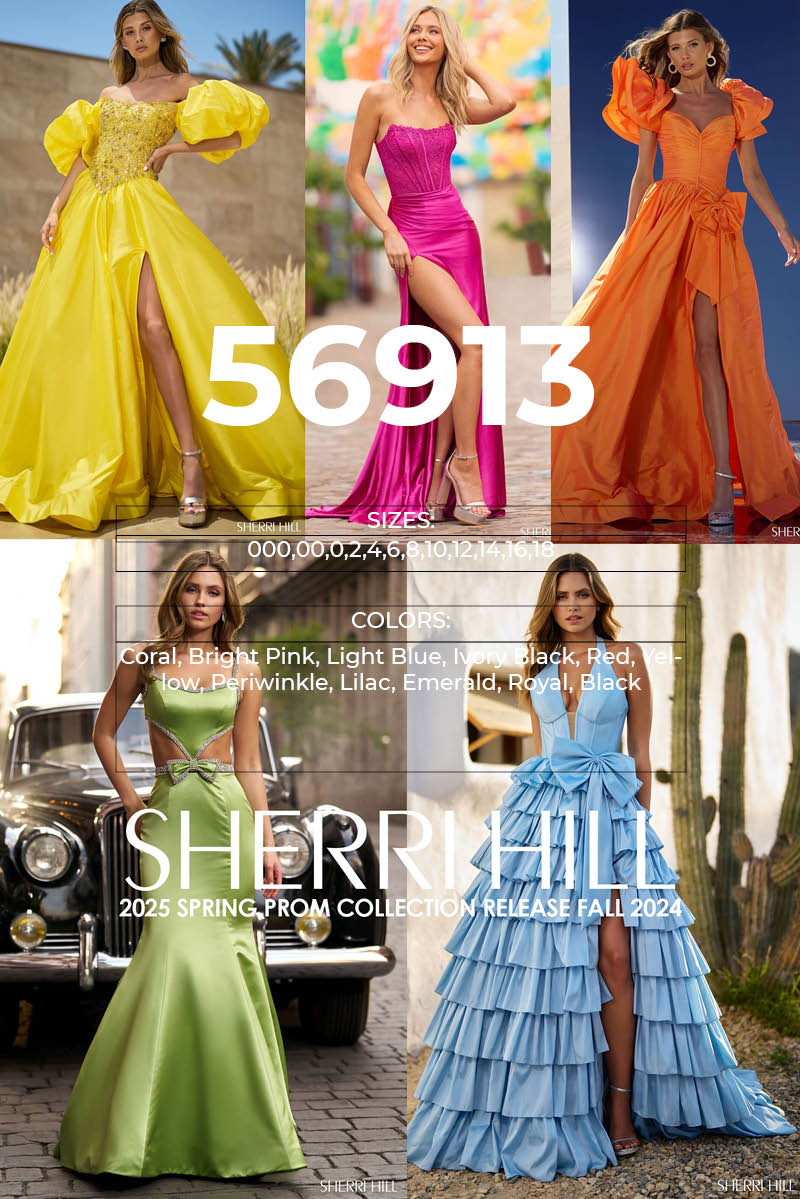 Sherri Hill 56913 prom dress images.  Sherri Hill 56913 is available in these colors: Coral, Bright Pink, Light Blue, Ivory Black, Red, Yellow, Periwinkle, Lilac, Emerald, Royal, Black.