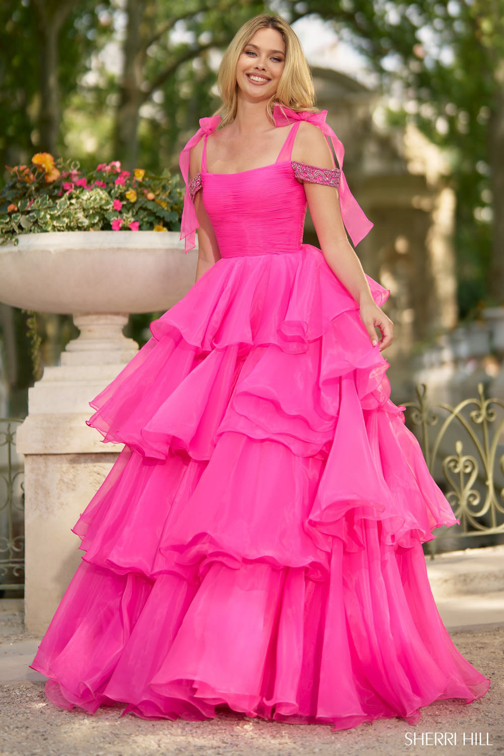 Sherri Hill 56927 prom dress images.  Sherri Hill 56927 is available in these colors: Bright Fuchsia, Bright Turquoise, Light Blue, Periwinkle.