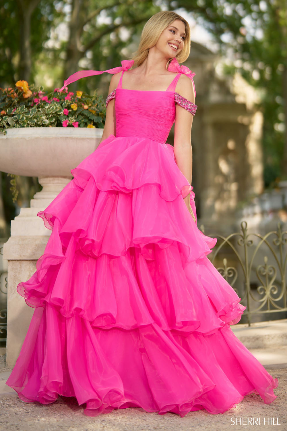 Sherri Hill 56927 prom dress images.  Sherri Hill 56927 is available in these colors: Bright Fuchsia, Bright Turquoise, Light Blue, Periwinkle.