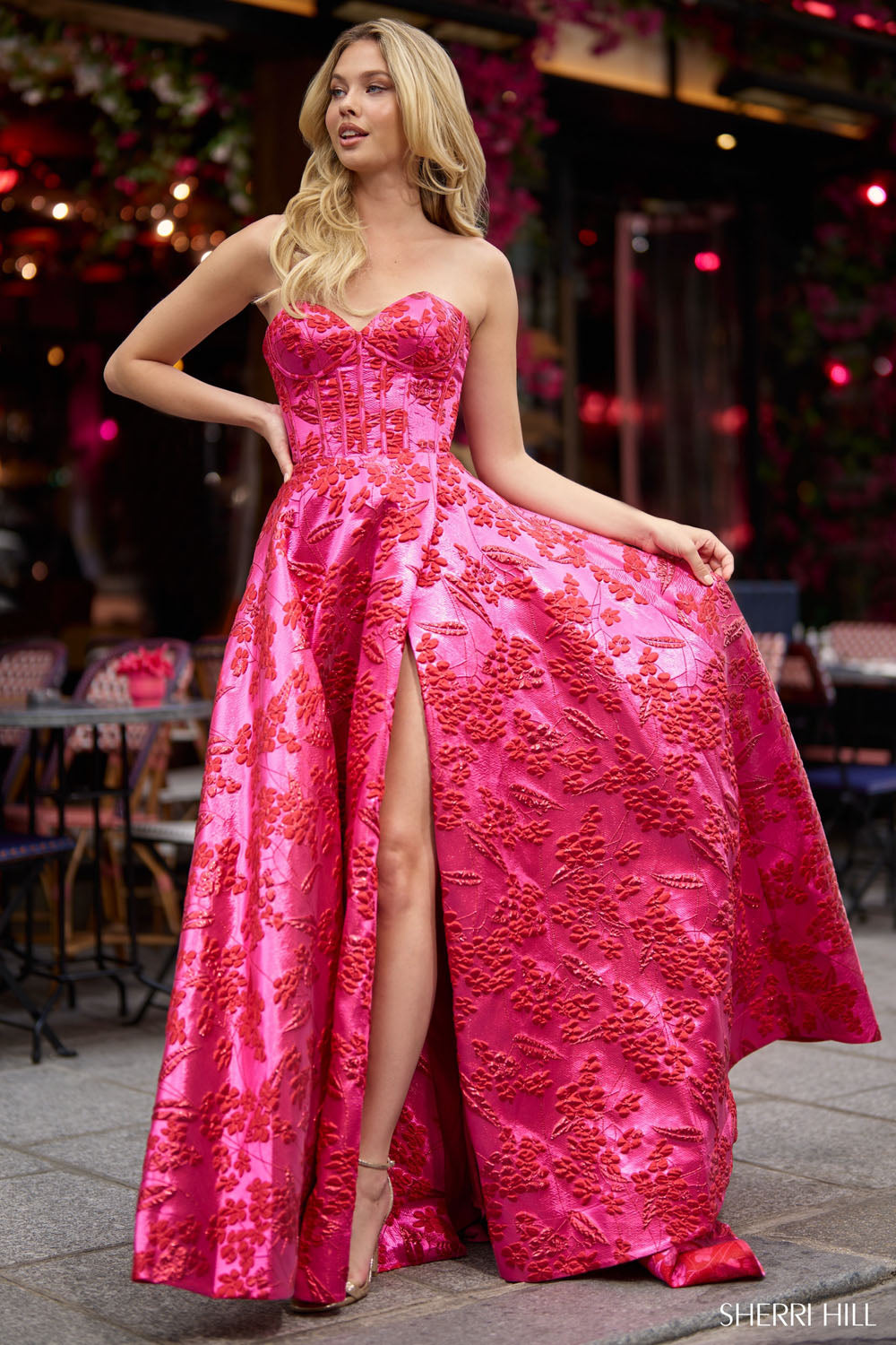 Sherri Hill 56928 prom dress images.  Sherri Hill 56928 is available in these colors: Fuchsia.