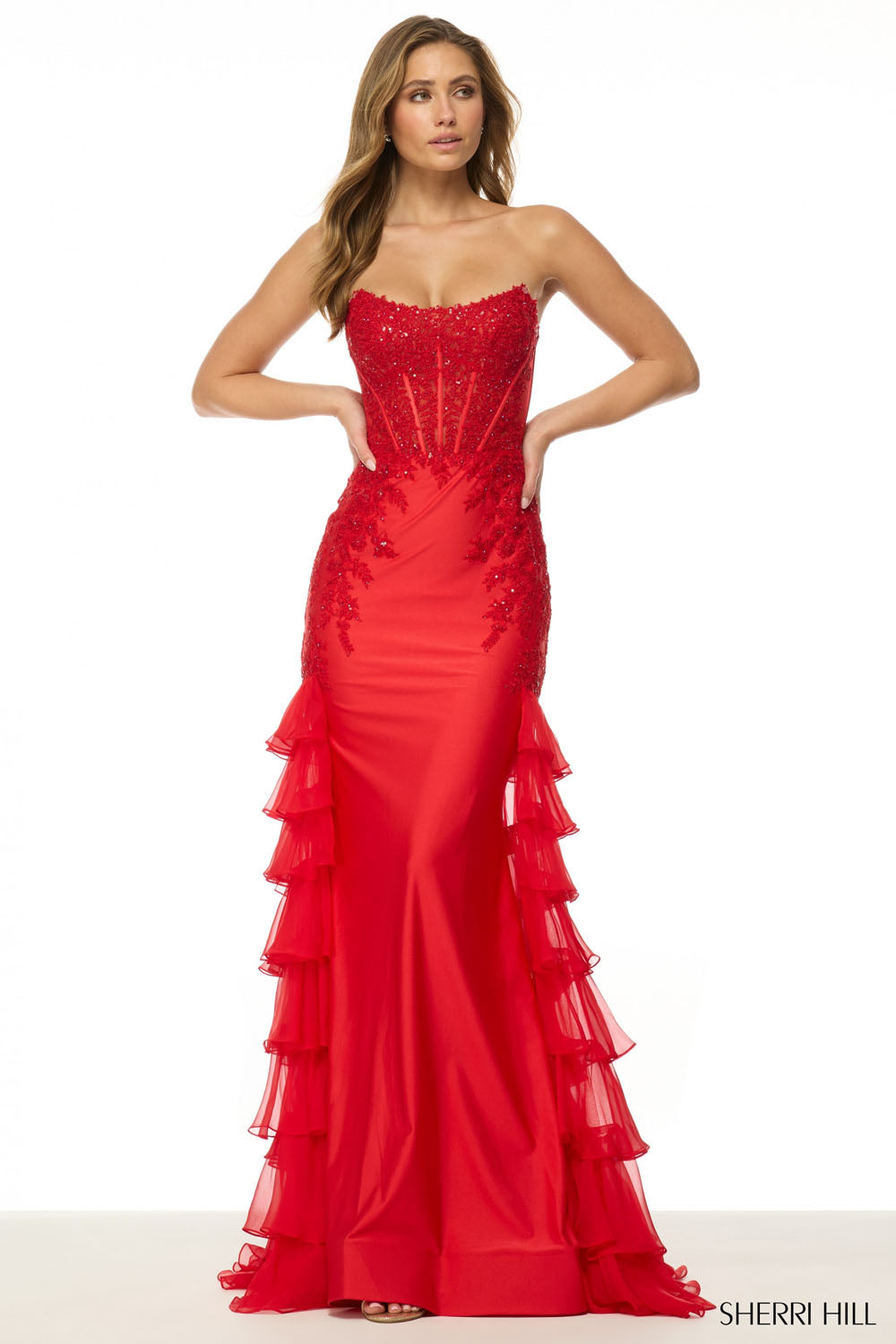 Sherri Hill 56944 prom dress images.  Sherri Hill 56944 is available in these colors: Light Blue, Red, Black, Navy, Lilac.