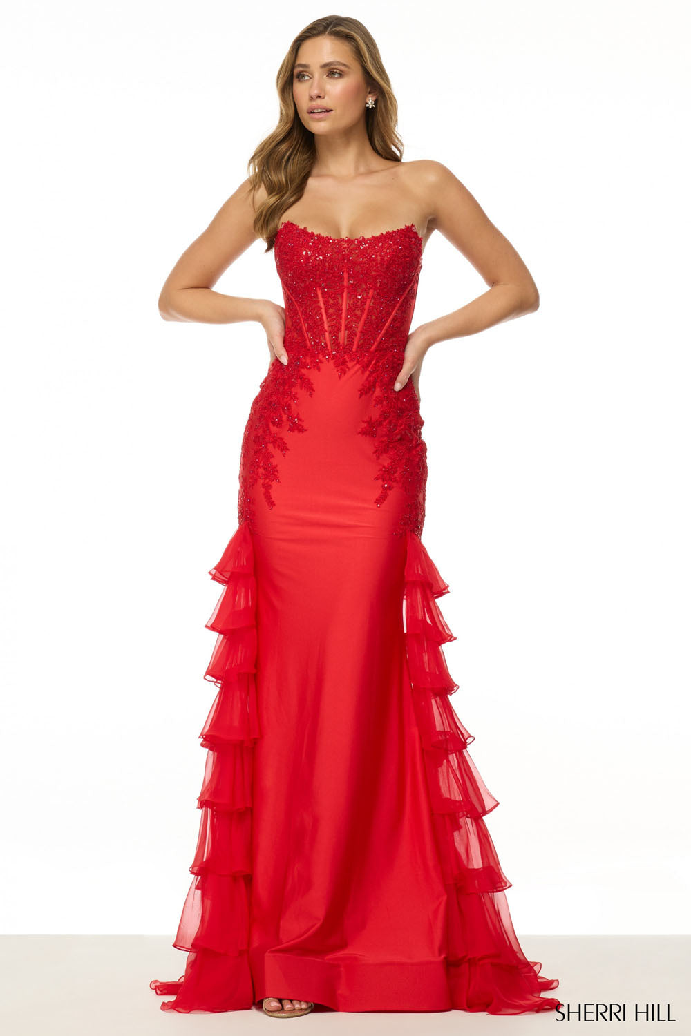 Sherri Hill 56944 prom dress images.  Sherri Hill 56944 is available in these colors: Light Blue, Red, Black, Navy, Lilac.