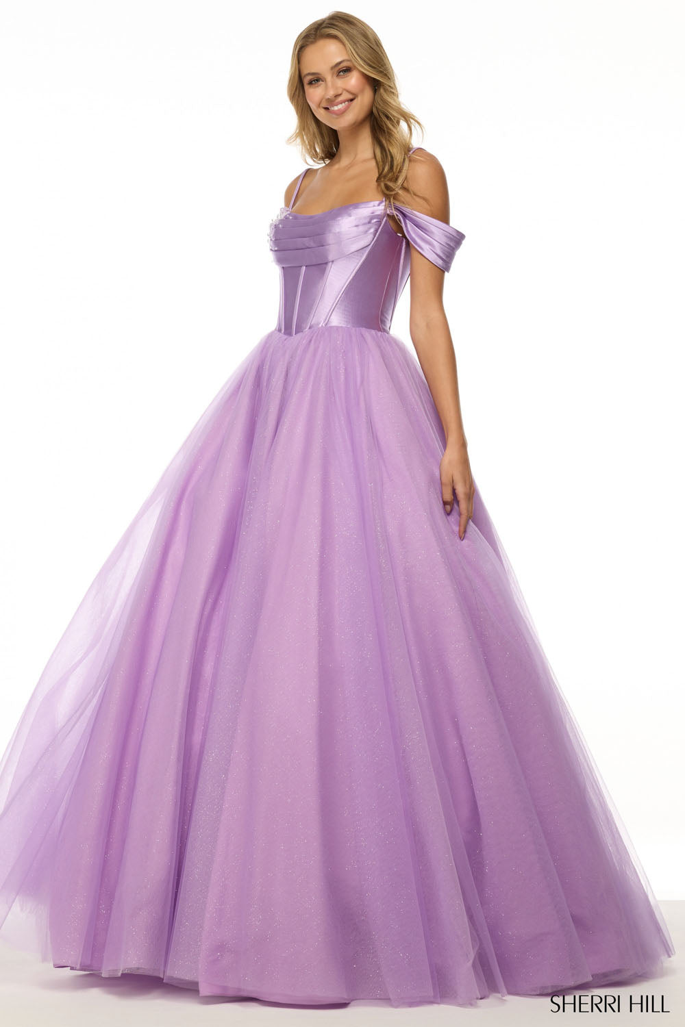 Sherri Hill 57034 prom dress images.  Sherri Hill 57034 is available in these colors: Ivory, Black, Light Periwinkle, Lilac, Light Yellow, Light Blue, Blush, Peach.