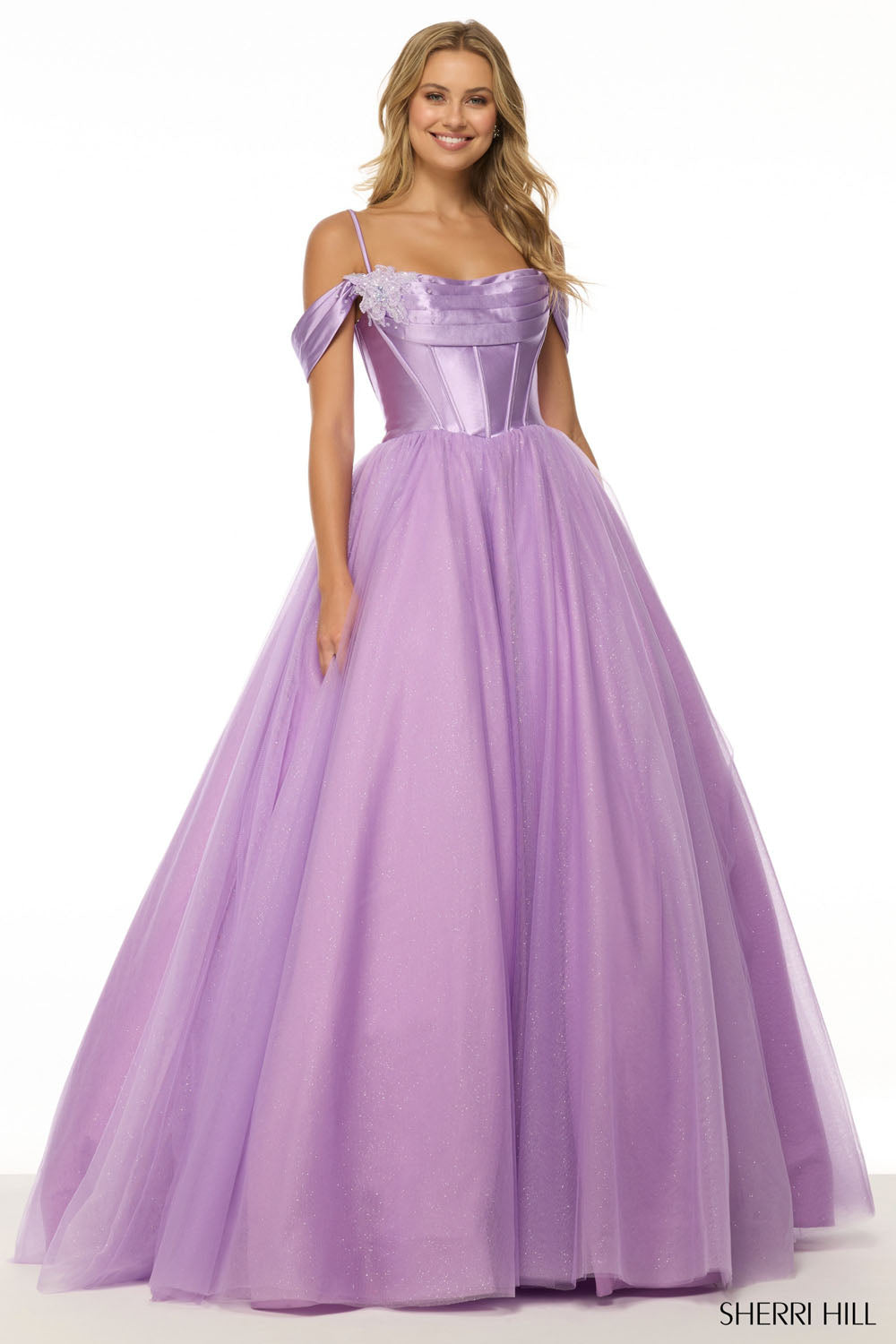 Sherri Hill 57034 prom dress images.  Sherri Hill 57034 is available in these colors: Ivory, Black, Light Periwinkle, Lilac, Light Yellow, Light Blue, Blush, Peach.