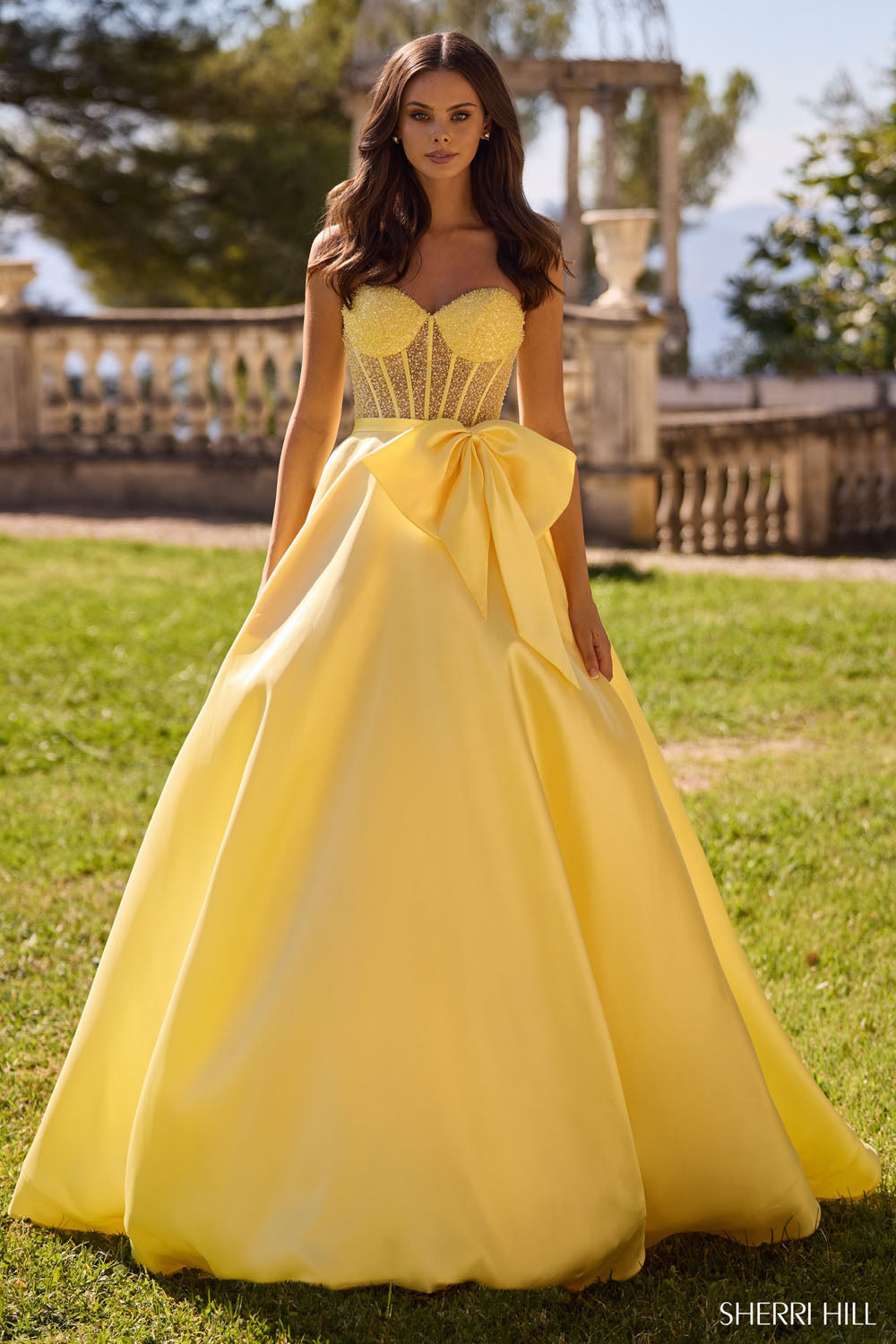 Sherri Hill 57035 prom dress images.  Sherri Hill 57035 is available in these colors: Aqua, Light Yellow, Ivory, Lilac, Light Periwinkle, Pink, Light Blue.