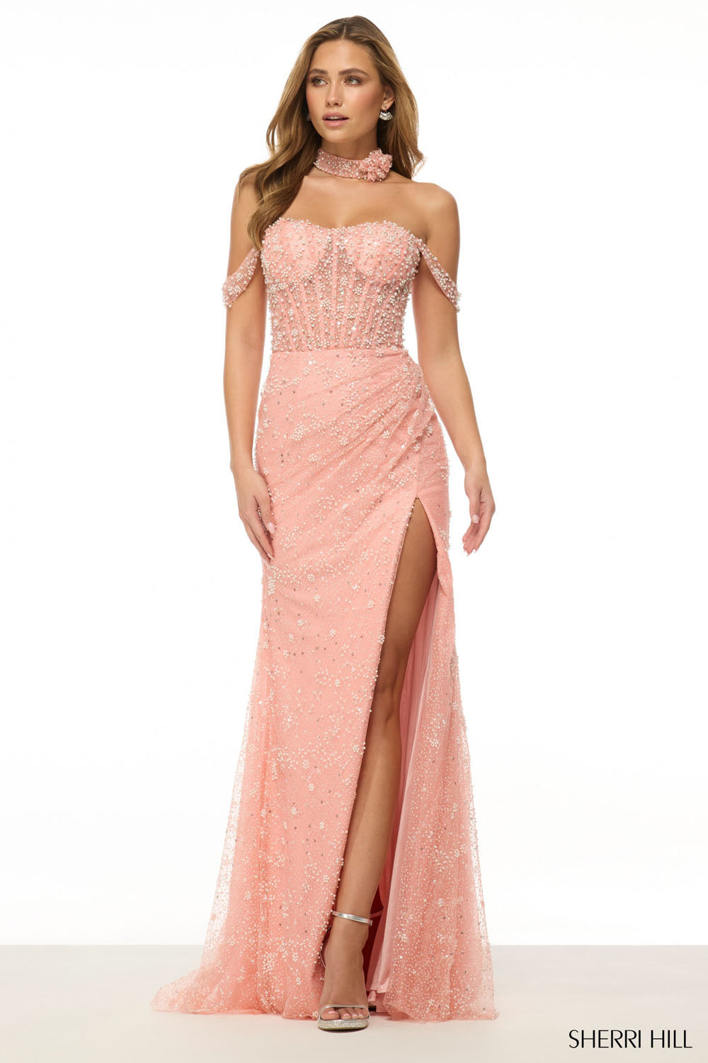 Sherri Hill 57050 prom dress images.  Sherri Hill 57050 is available in these colors: Coral, Lilac, Blush, Light Blue, Ivory.