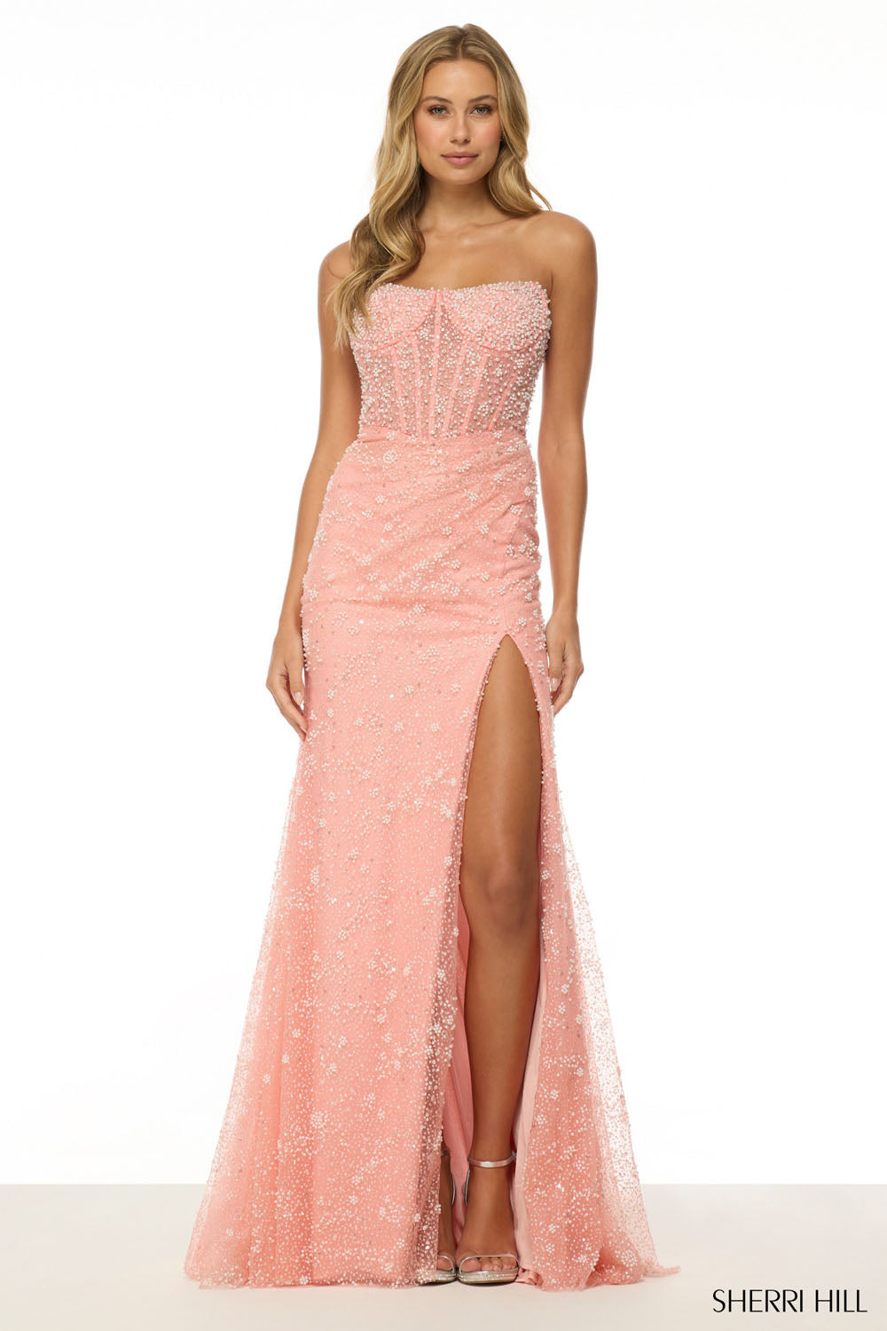 Sherri Hill 57050 prom dress images.  Sherri Hill 57050 is available in these colors: Coral, Lilac, Blush, Light Blue, Ivory.