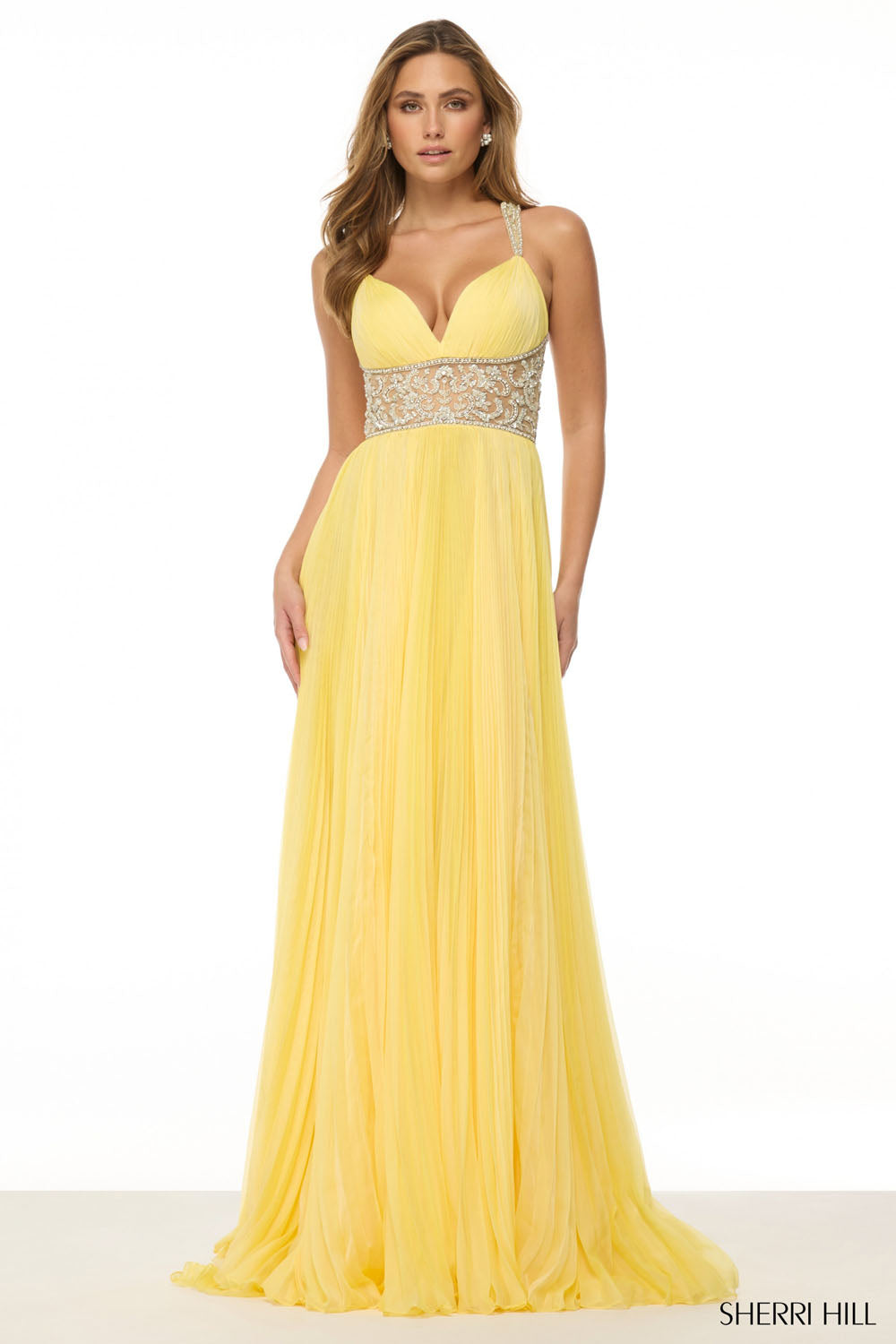 Sherri Hill 57054 prom dress images.  Sherri Hill 57054 is available in these colors: Navy, Strawberry, Purple, Yellow, Periwinkle, Orange, Berry.