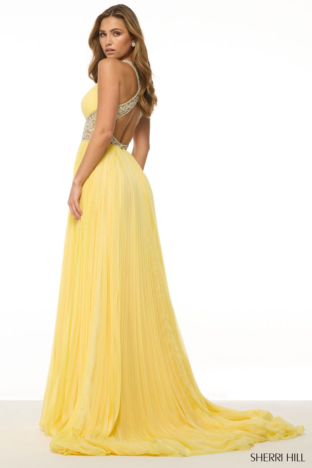 Sherri Hill 57054 prom dress images.  Sherri Hill 57054 is available in these colors: Navy, Strawberry, Purple, Yellow, Periwinkle, Orange, Berry.