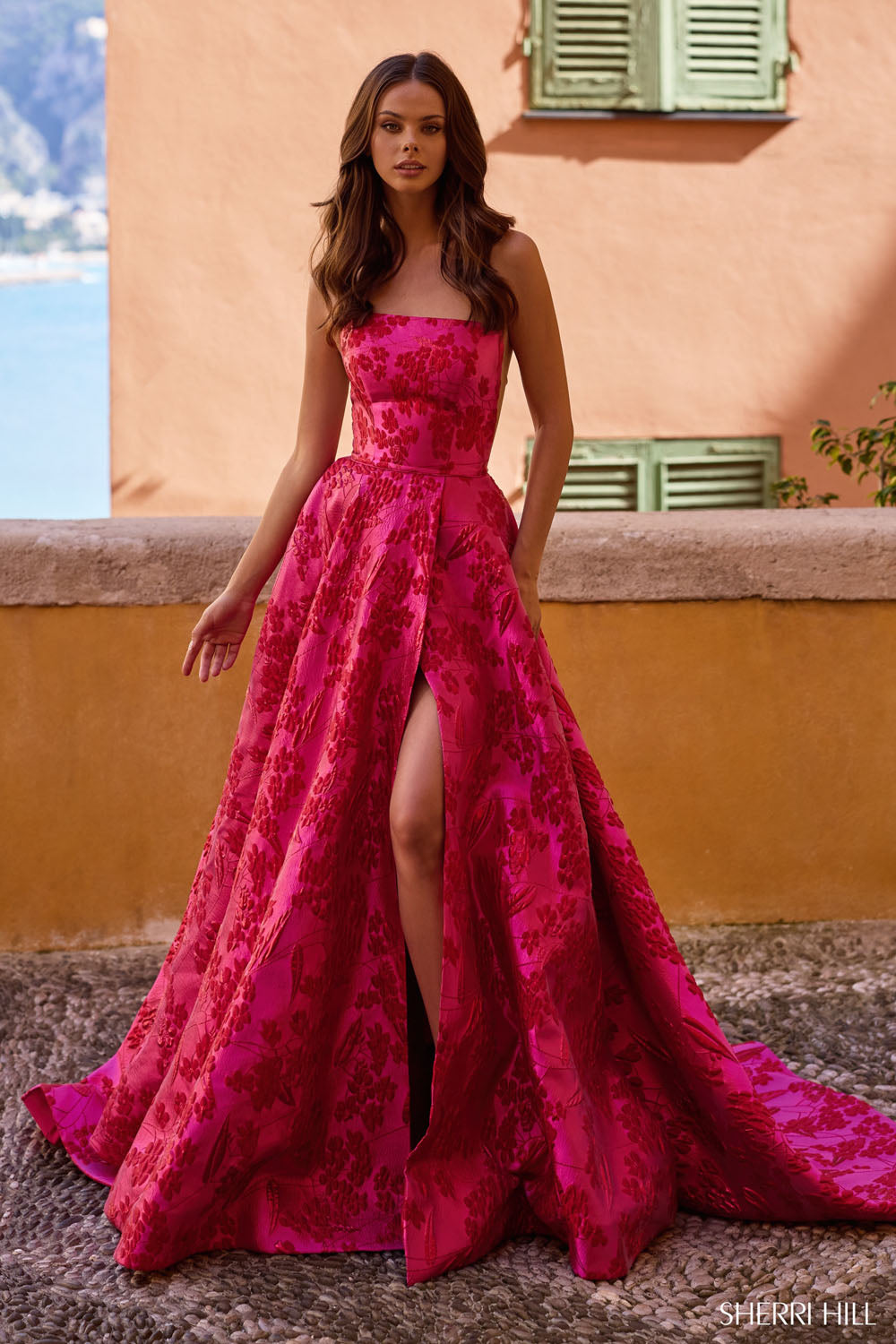 Sherri Hill 57077 prom dress images.  Sherri Hill 57077 is available in these colors: Black Print, Fuchsia Print, Grey Pink Print, Nude Lilac Print.