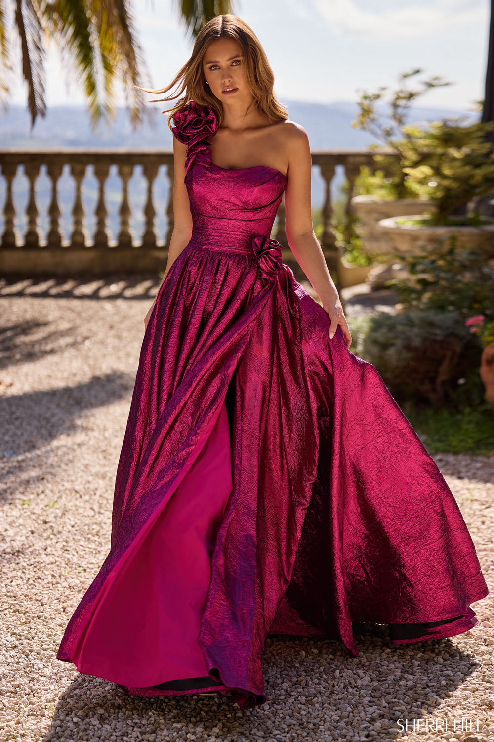 Sherri Hill 57090 prom dress images.  Sherri Hill 57090 is available in these colors: Bright Pink, Royal, Black, Peacock, Fuchsia.