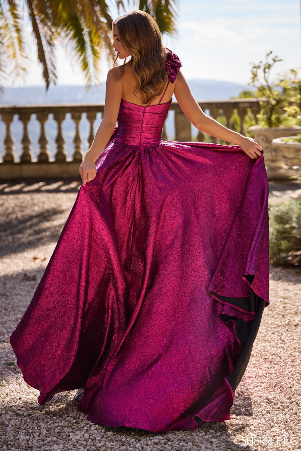 Sherri Hill 57090 prom dress images.  Sherri Hill 57090 is available in these colors: Bright Pink, Royal, Black, Peacock, Fuchsia.