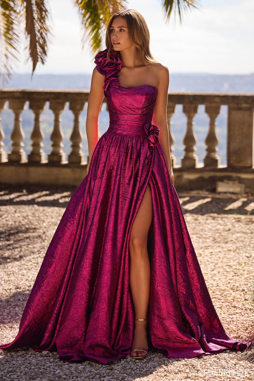 Sherri Hill 57090 prom dress images.  Sherri Hill 57090 is available in these colors: Bright Pink, Royal, Black, Peacock, Fuchsia.