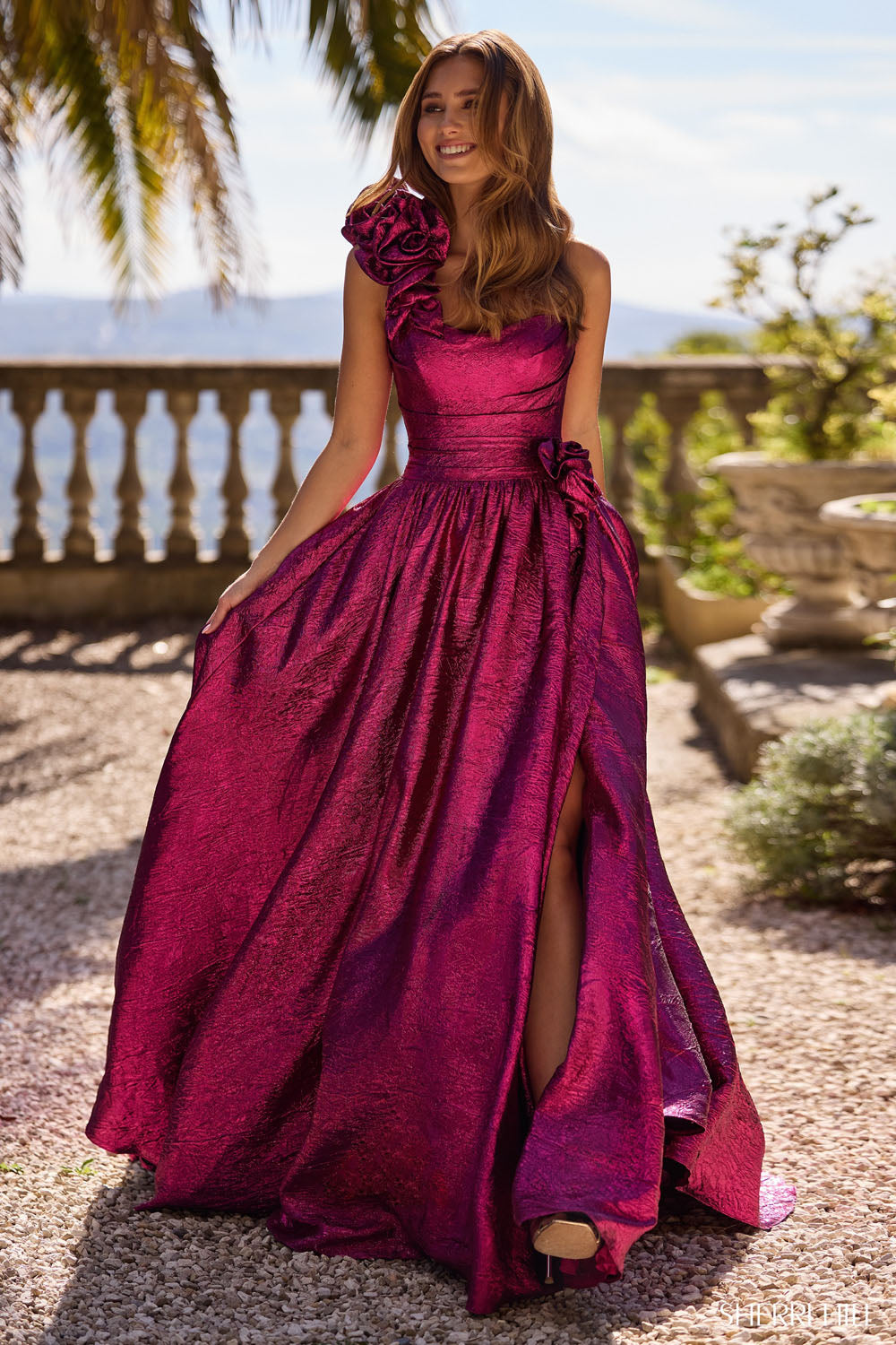 Sherri Hill 57090 prom dress images.  Sherri Hill 57090 is available in these colors: Bright Pink, Royal, Black, Peacock, Fuchsia.