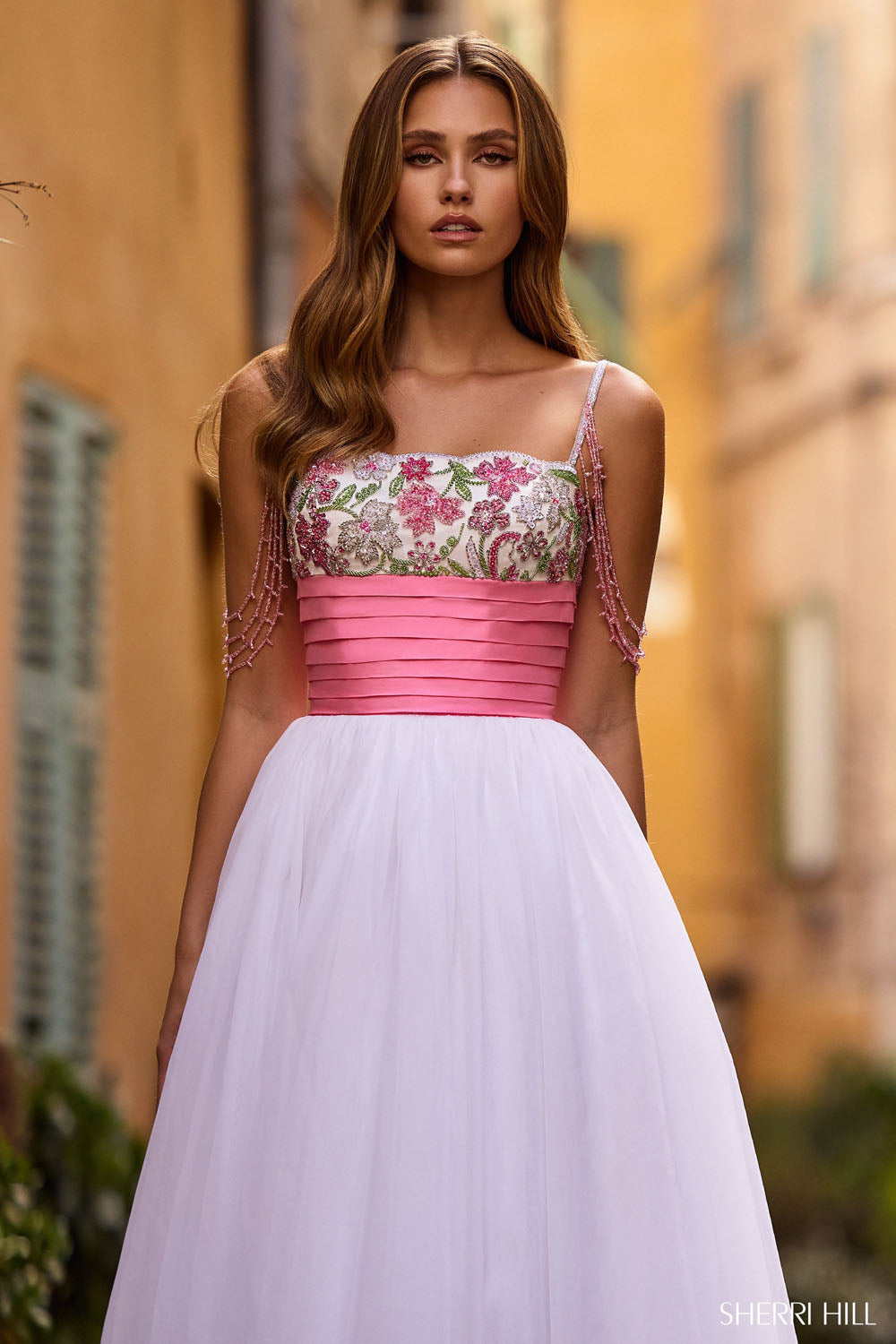 Sherri Hill 57103 prom dress images.  Sherri Hill 57103 is available in these colors: Ivory Pink.