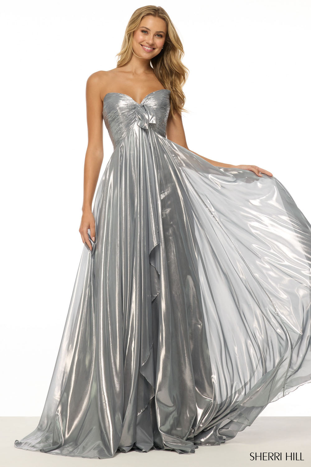 Sherri Hill 57108 prom dress images.  Sherri Hill 57108 is available in these colors: Light Blue, Silver, Lilac, Fuchsia, Pink, Gunmetal, Gold, Orange.