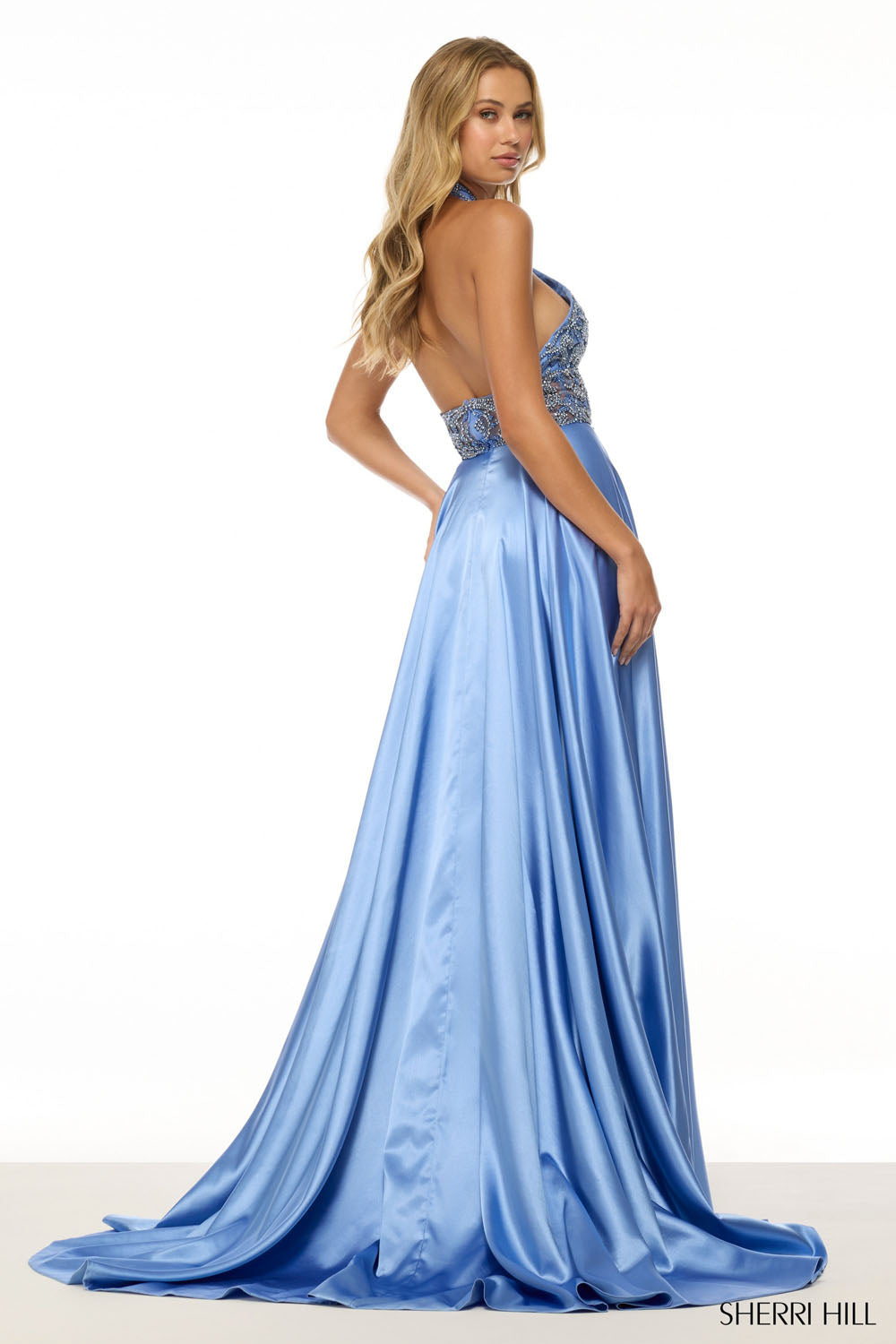 Sherri Hill 57109 prom dress images.  Sherri Hill 57109 is available in these colors: Peacock, Black, Periwinkle, Fuchsia, Red, Emerald.