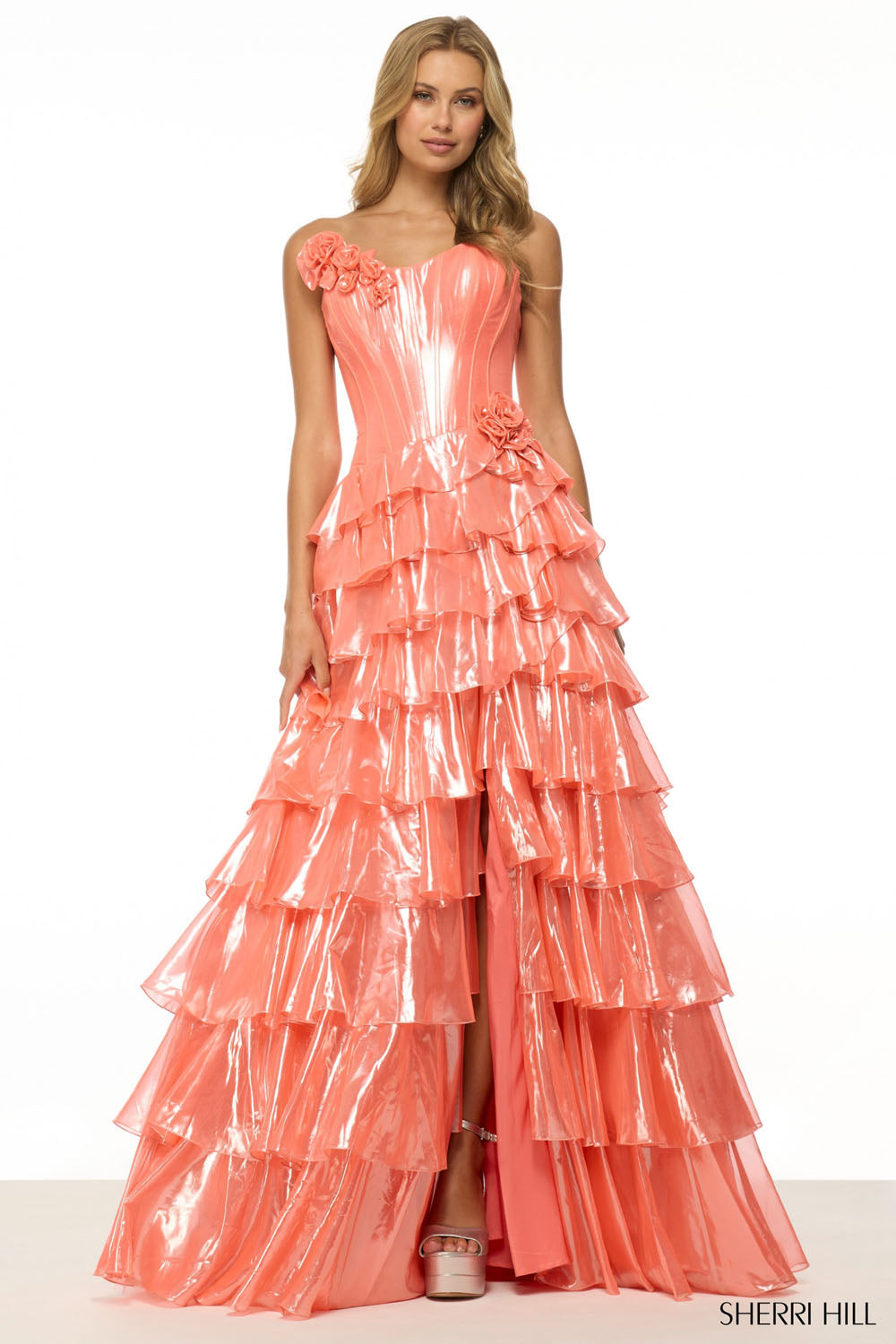 Sherri Hill 57125 prom dress images.  Sherri Hill 57125 is available in these colors: Orange Pink, Blue.