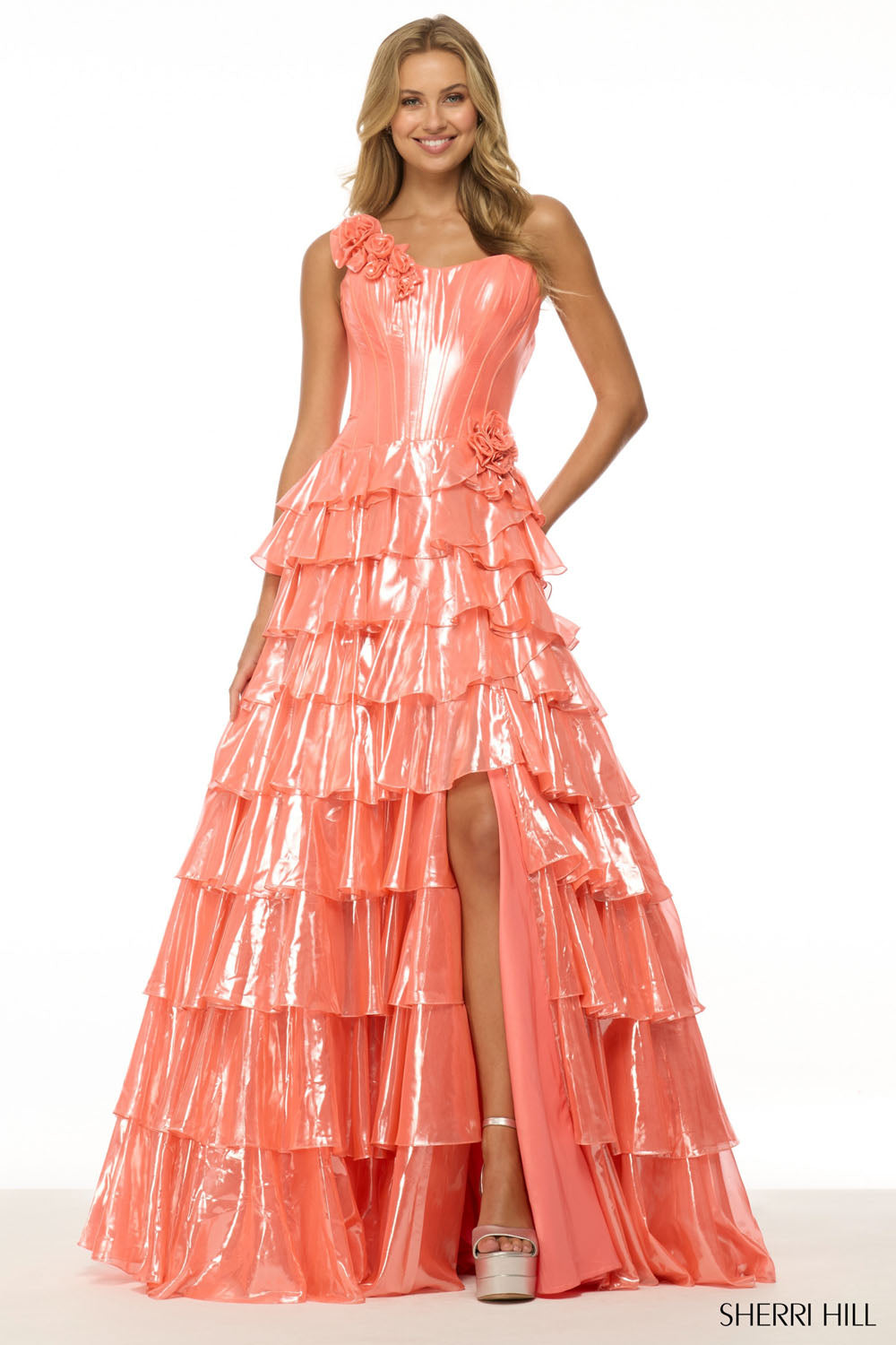 Sherri Hill 57125 prom dress images.  Sherri Hill 57125 is available in these colors: Orange Pink, Blue.