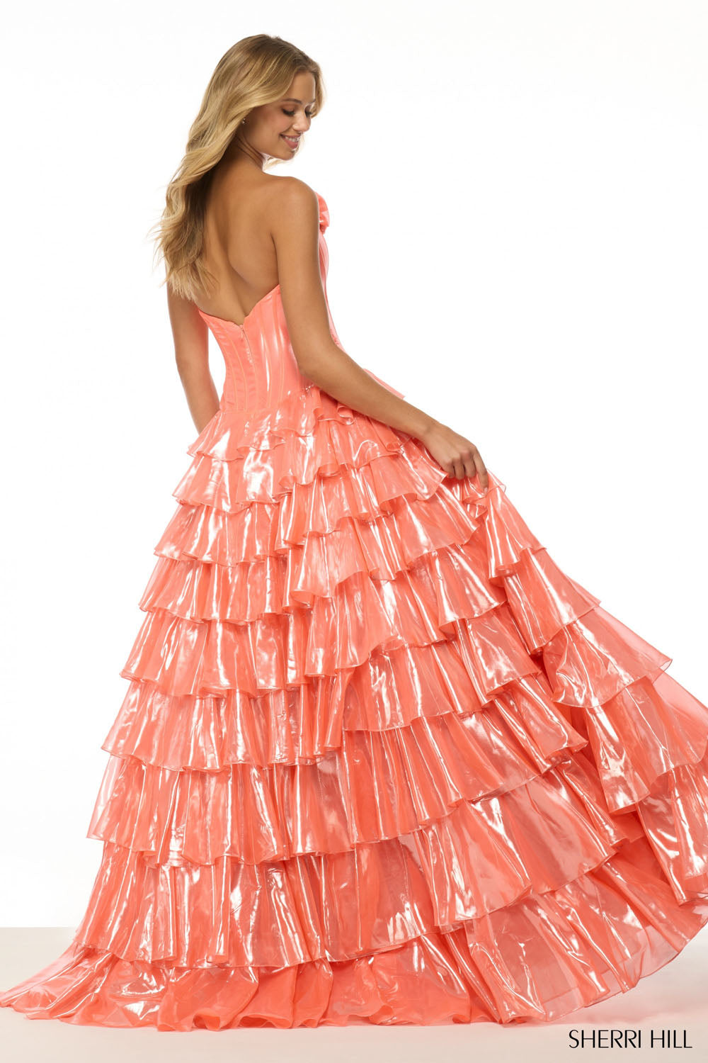 Sherri Hill 57125 prom dress images.  Sherri Hill 57125 is available in these colors: Orange Pink, Blue.