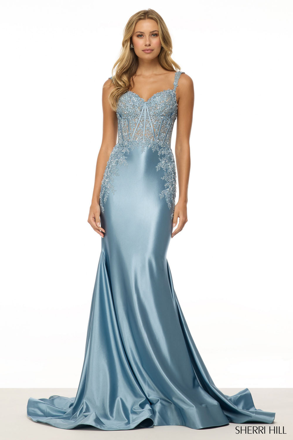 Sherri Hill 57132 prom dress images.  Sherri Hill 57132 is available in these colors: Sage, Rose, Emerald, Navy, Royal, Red, Black, Silver, Vintage Blue.