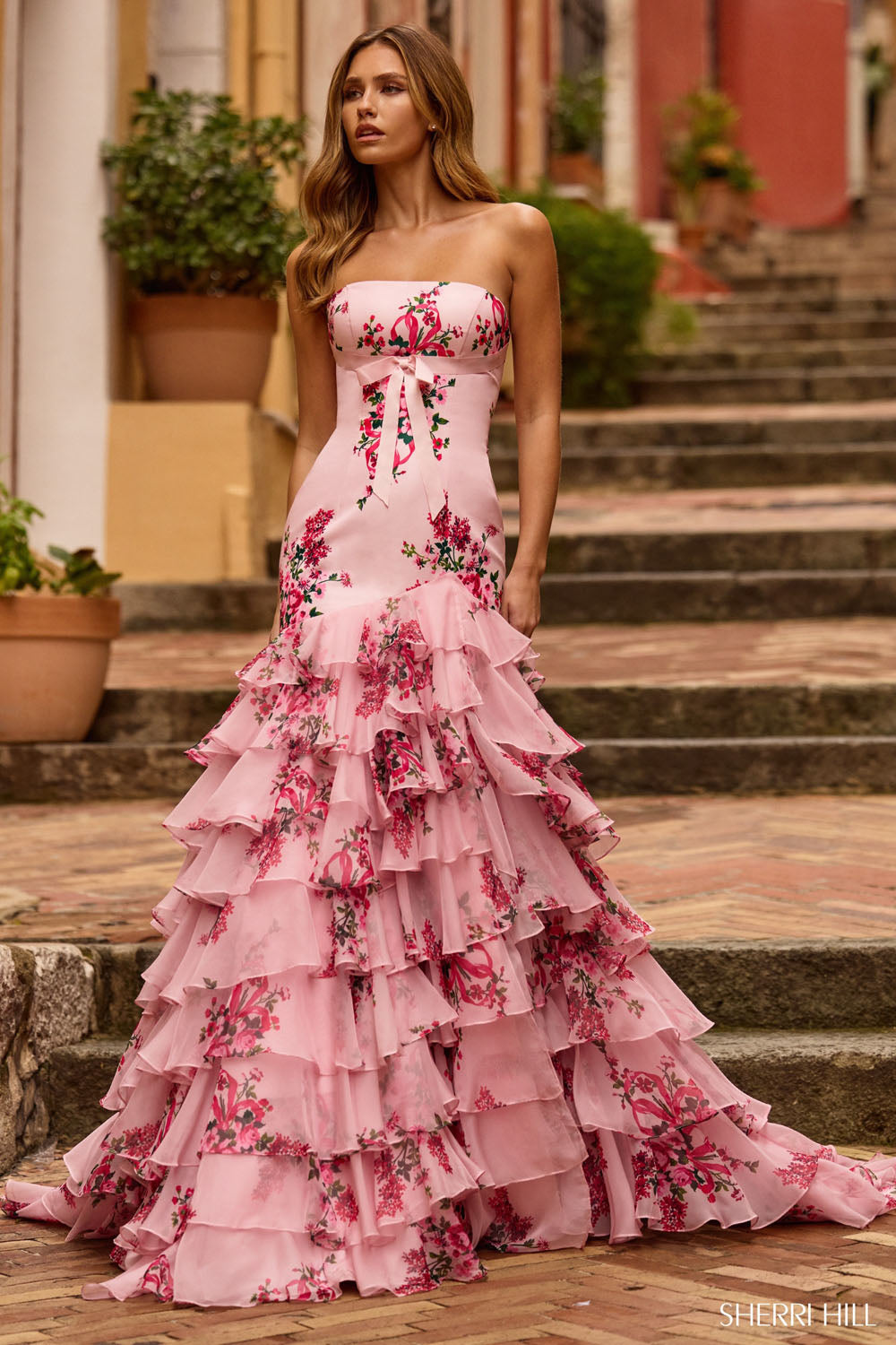 Sherri Hill 57144 prom dress images.  Sherri Hill 57144 is available in these colors: Pink Print.