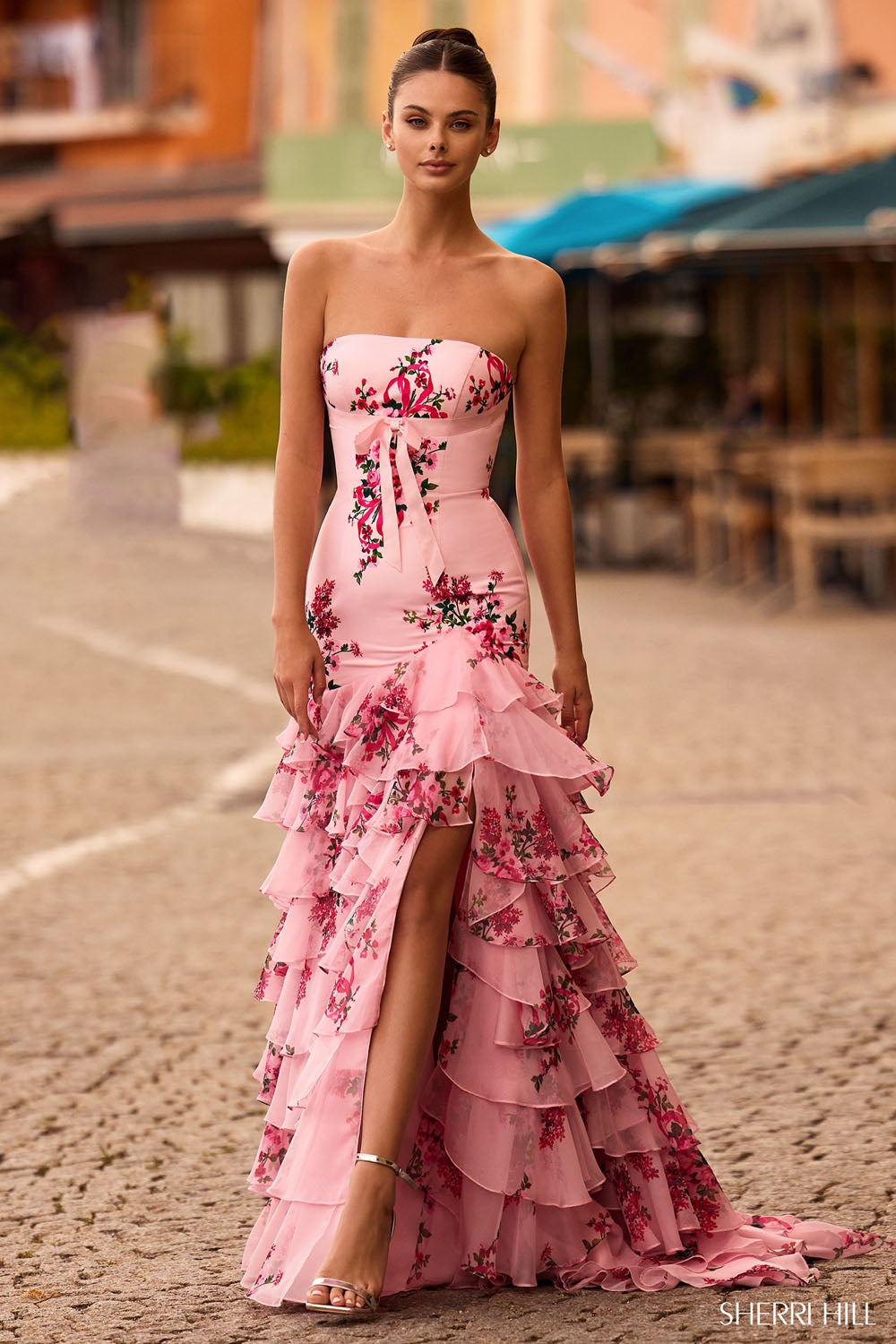 Sherri Hill 57144 prom dress images.  Sherri Hill 57144 is available in these colors: Pink Print.