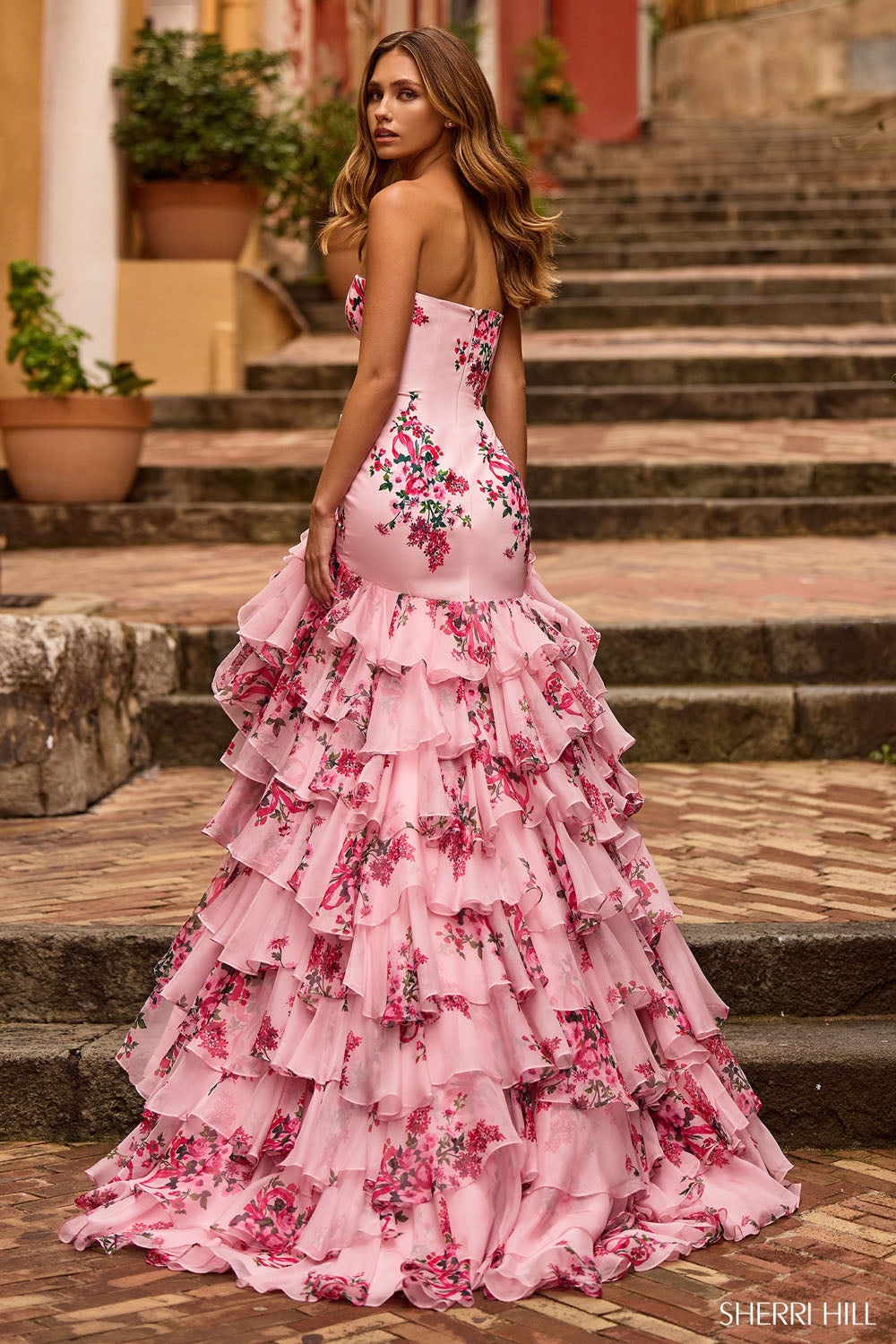 Sherri Hill 57144 prom dress images.  Sherri Hill 57144 is available in these colors: Pink Print.